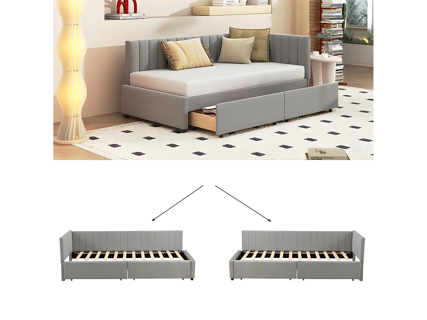 Samtgepolstertes Schlafsofa 90 x 200 cm – mit 2 großen Schubladen und Lattenrost – Grau