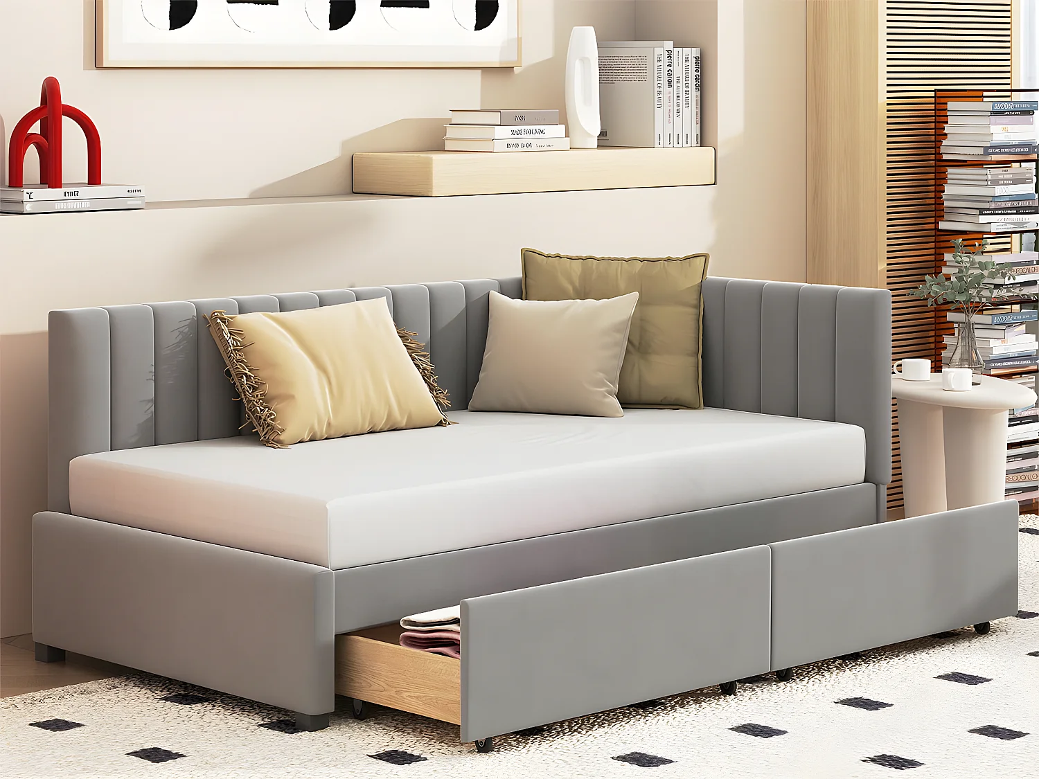 Sofá cama tapizado en terciopelo 90x200 cm - con 2 cajones grandes y somier de láminas - Gris