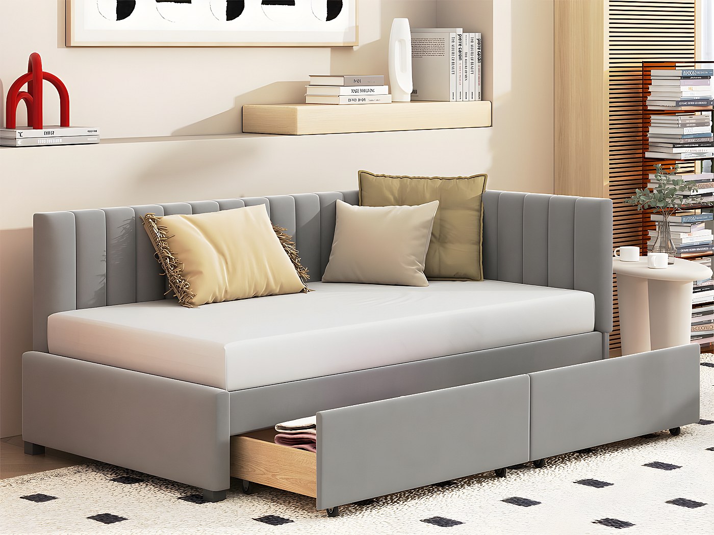 Letto Singolo 90x200 Cm Con Divano E Cassetti - Grigio/Bianco, Legno, Con Rete A Doghe, Per Bambini/Ragazzi