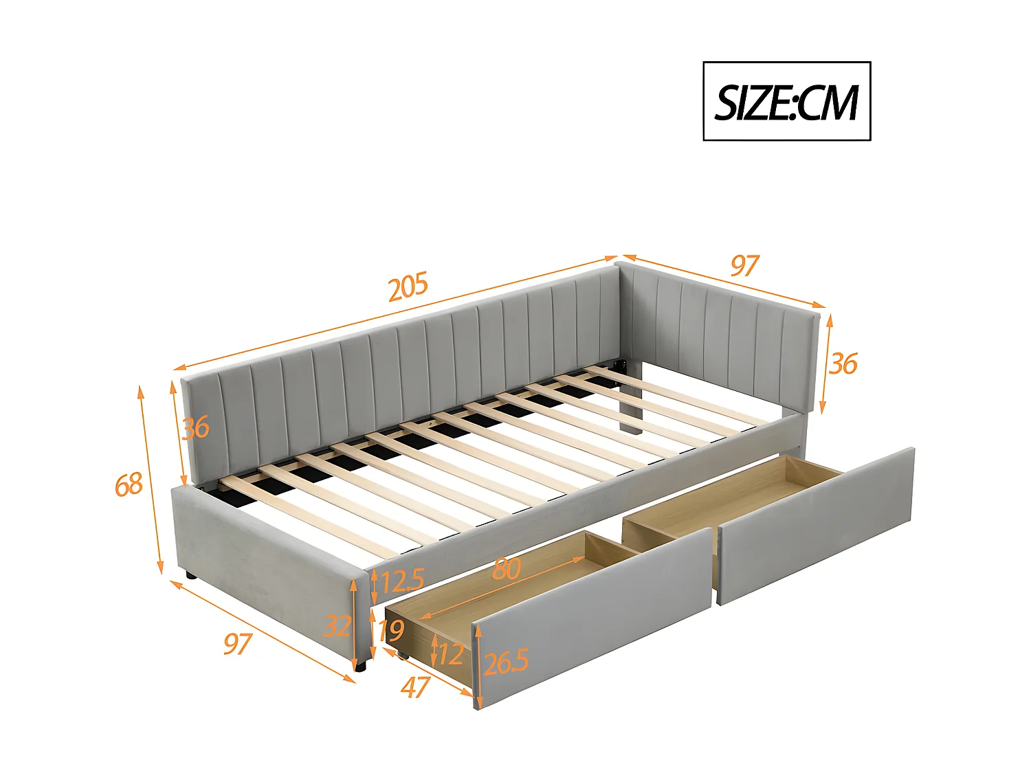 Lit banquette rembourré en velours 90x200cm - avec 2 grands tiroirs et sommier à lattes - Gris