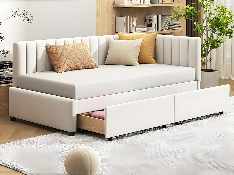 Samtgepolstertes Schlafsofa 90x200cm – mit 2 großen Schubladen und Lattenrost – Weiß