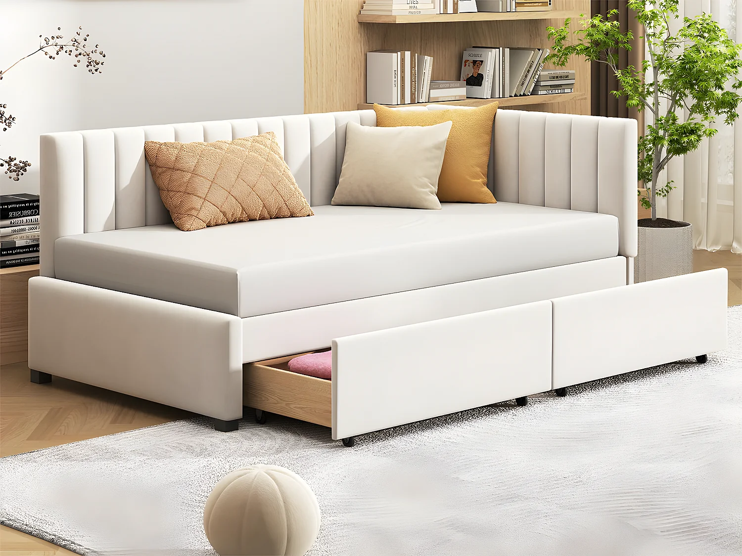 Lit banquette rembourré en velours 90x200cm - avec 2 grands tiroirs et sommier à lattes - Blanc