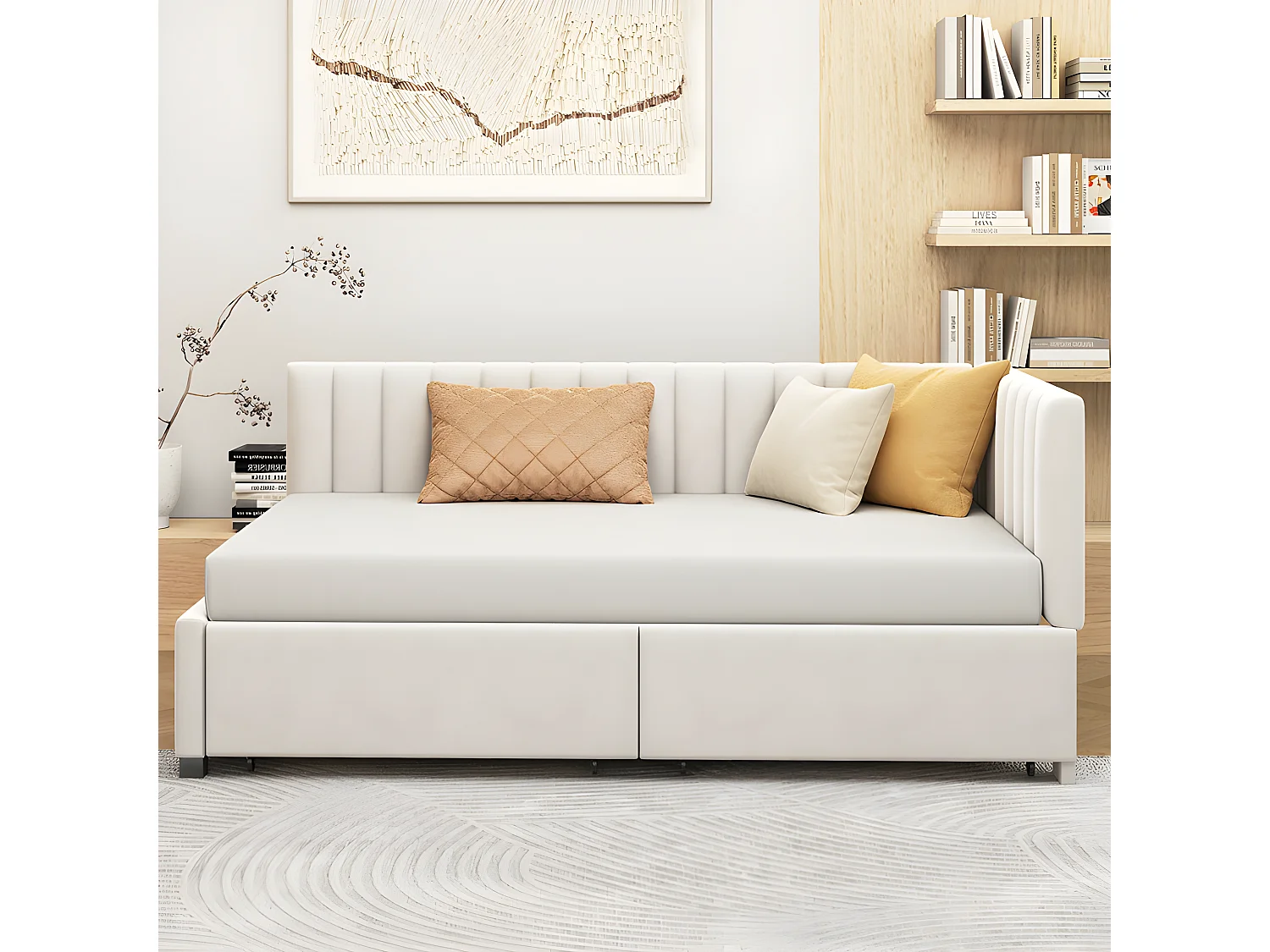 Lit banquette rembourré en velours 90x200cm - avec 2 grands tiroirs et sommier à lattes - Blanc