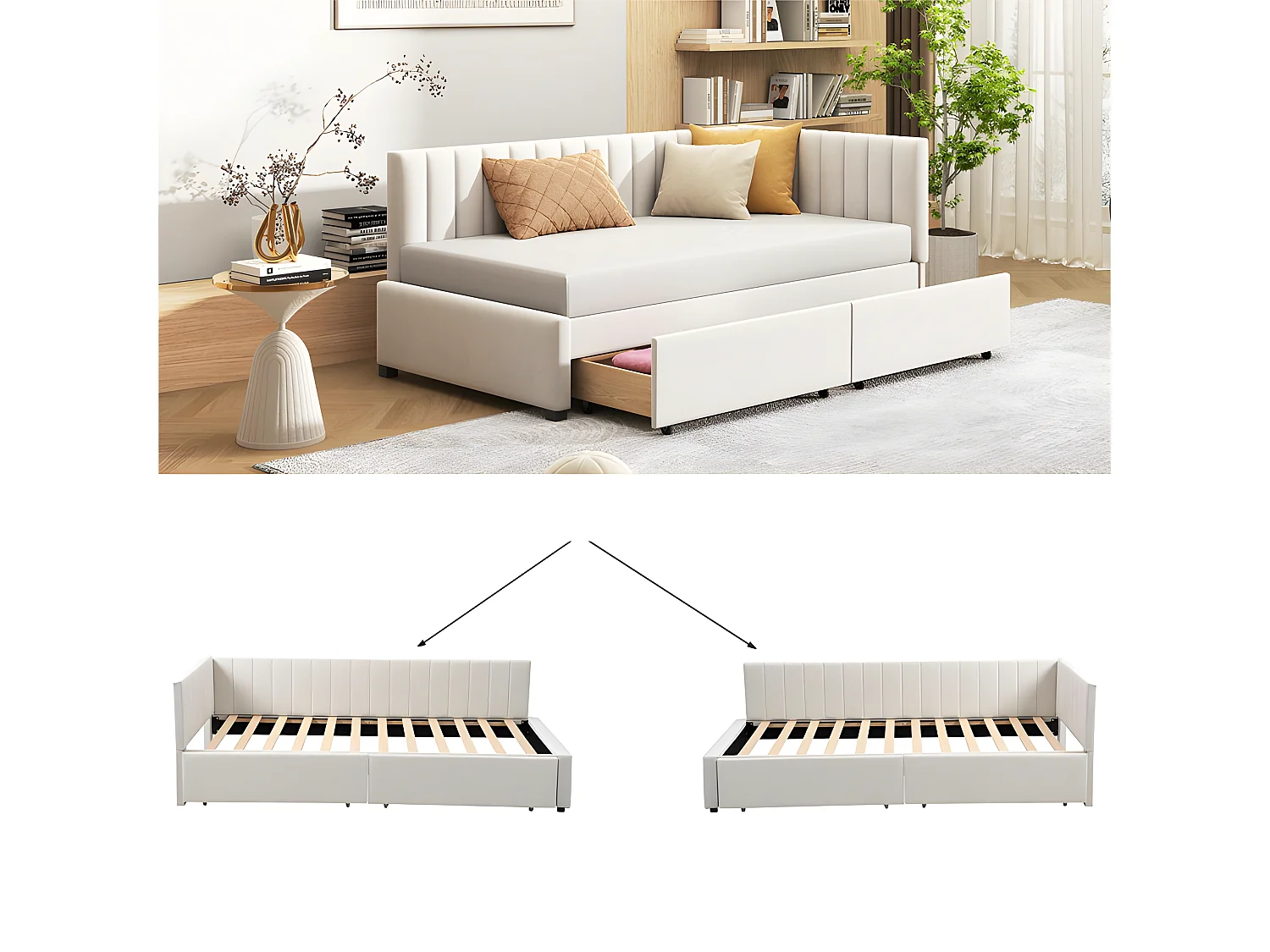 Lit banquette rembourré en velours 90x200cm - avec 2 grands tiroirs et sommier à lattes - Blanc