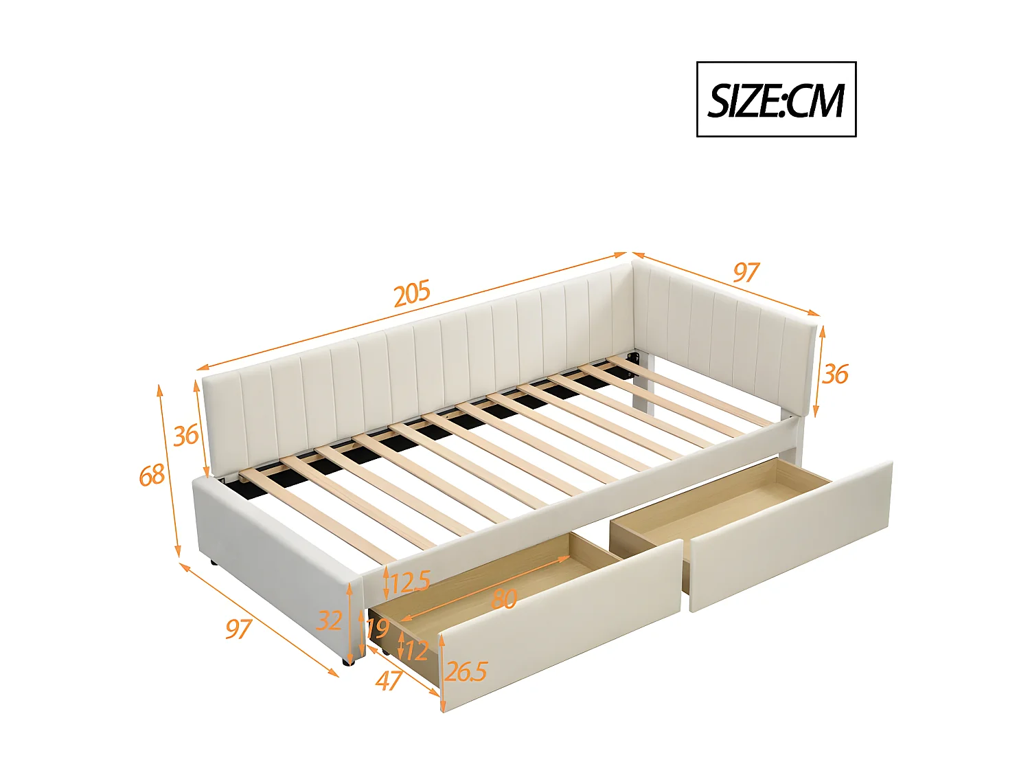 Lit banquette rembourré en velours 90x200cm - avec 2 grands tiroirs et sommier à lattes - Blanc