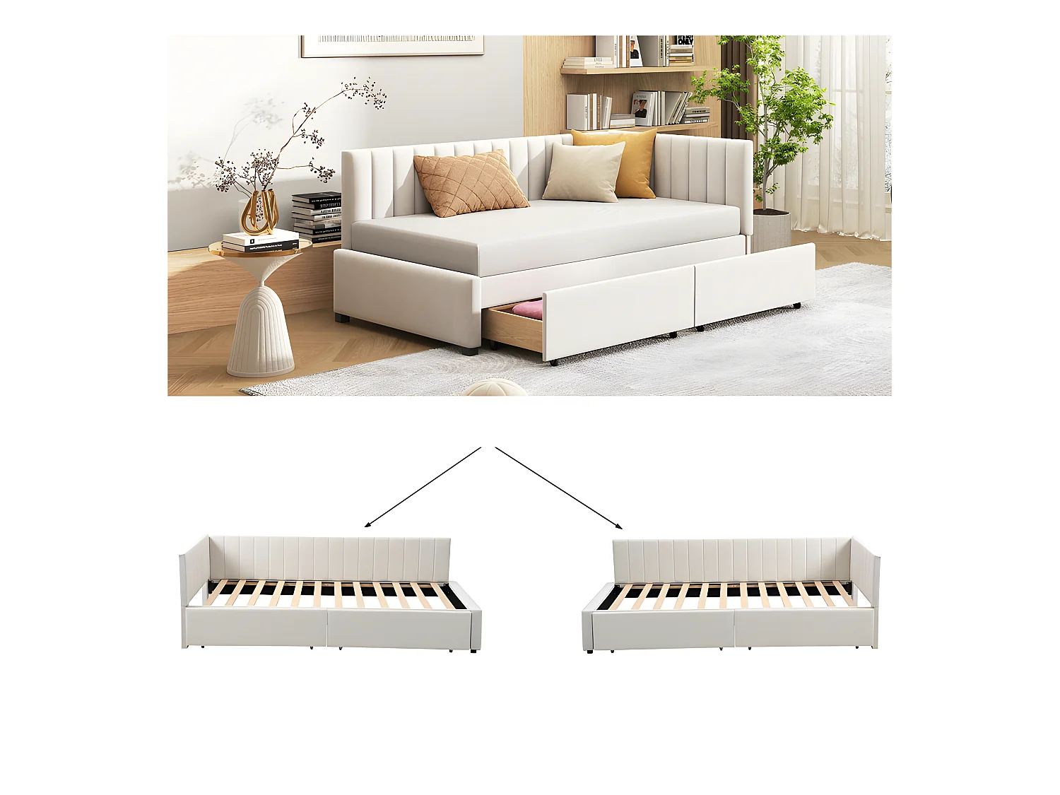 Fluweel gestoffeerde slaapbank 90x200cm - met 2 grote lades en lattenbodem - Wit