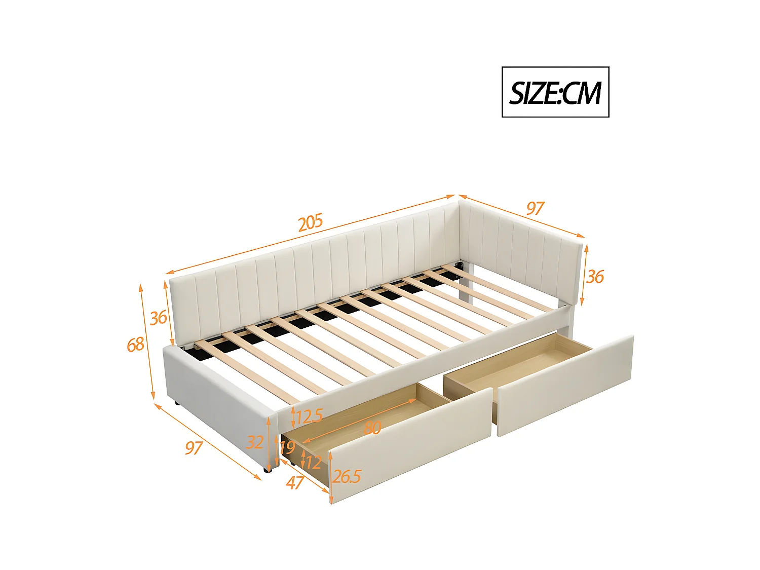 Fluweel gestoffeerde slaapbank 90x200cm - met 2 grote lades en lattenbodem - Wit