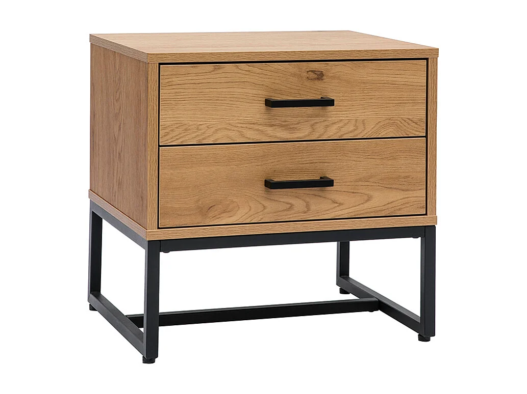 Mesilla de noche con espacio de almacenaje y 2 cajones acabado roble claro y metal negro LOVATO