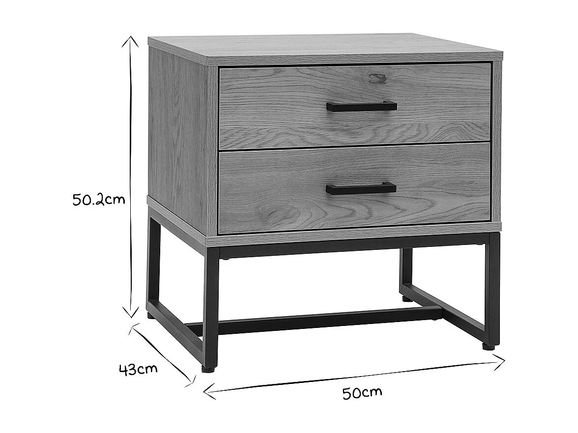 Mesilla de noche con espacio de almacenaje y 2 cajones acabado roble claro y metal negro LOVATO