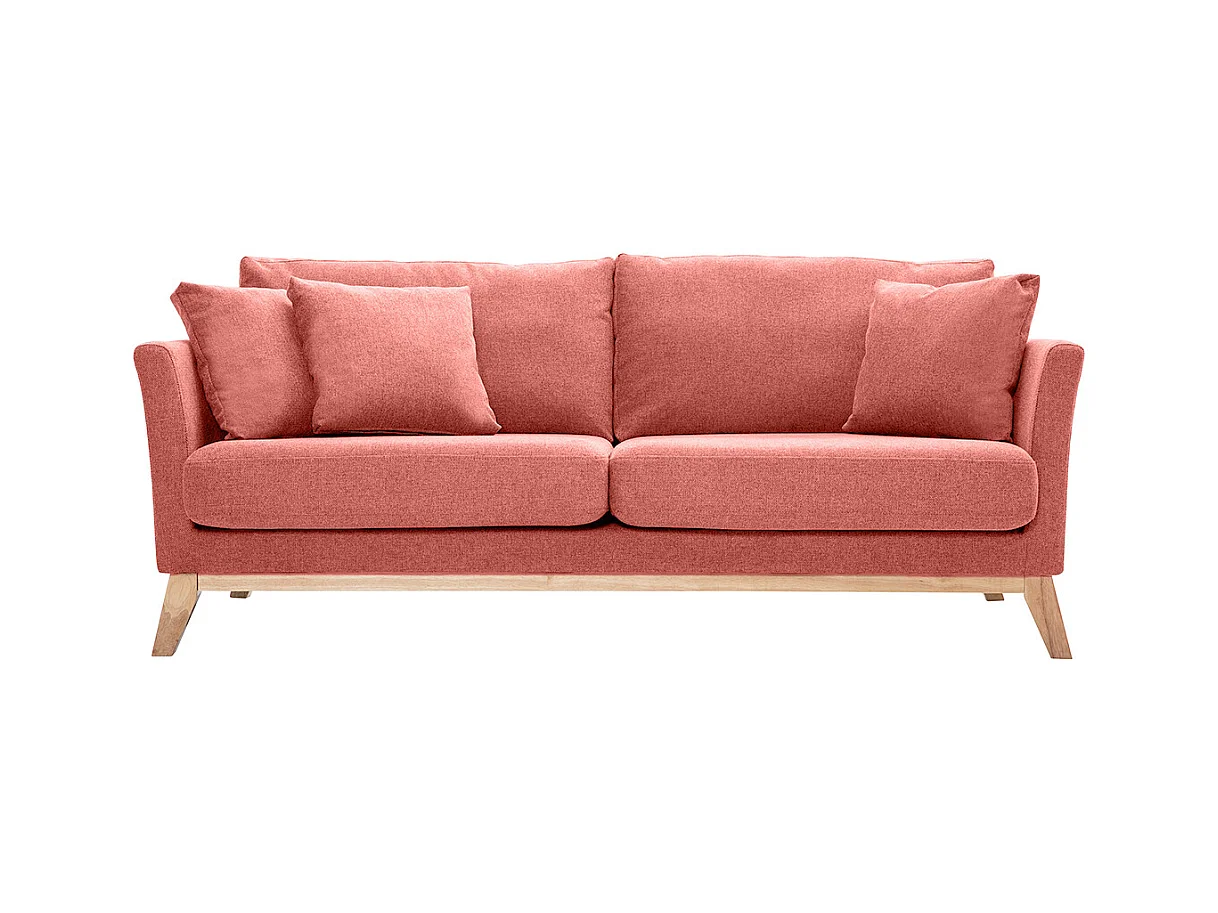 Canapé scandinave déhoussable 3 places en tissu effet velours texturé terracotta et bois clair OSLO