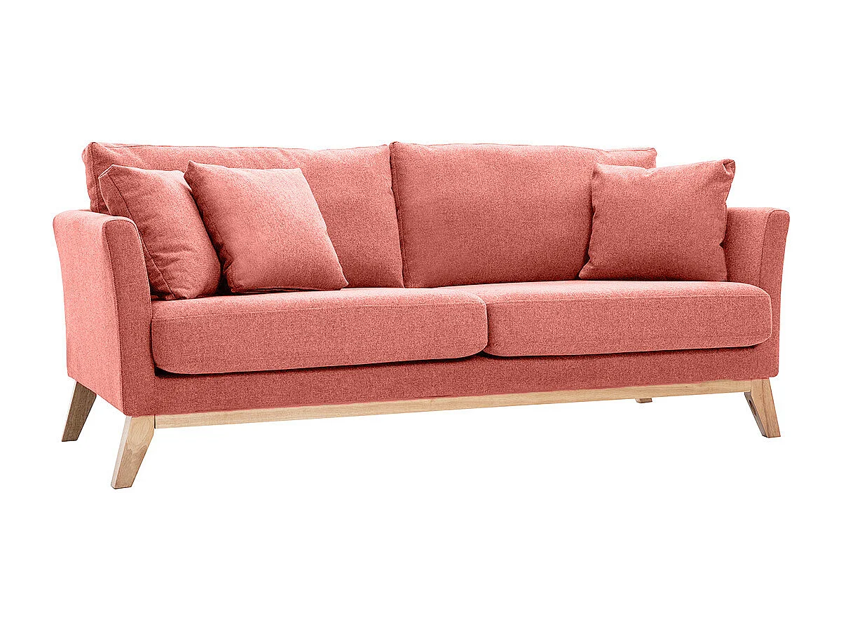 Sofá nórdico 3 plazas desenfundable de tejido efecto aterciopelado texturizado terracota y madera clara OSLO