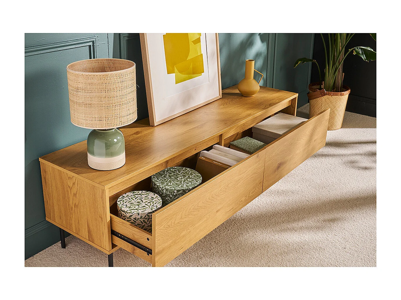 Mueble TV con acabado de roble claro y 2 cajones 160 cm ARAGON