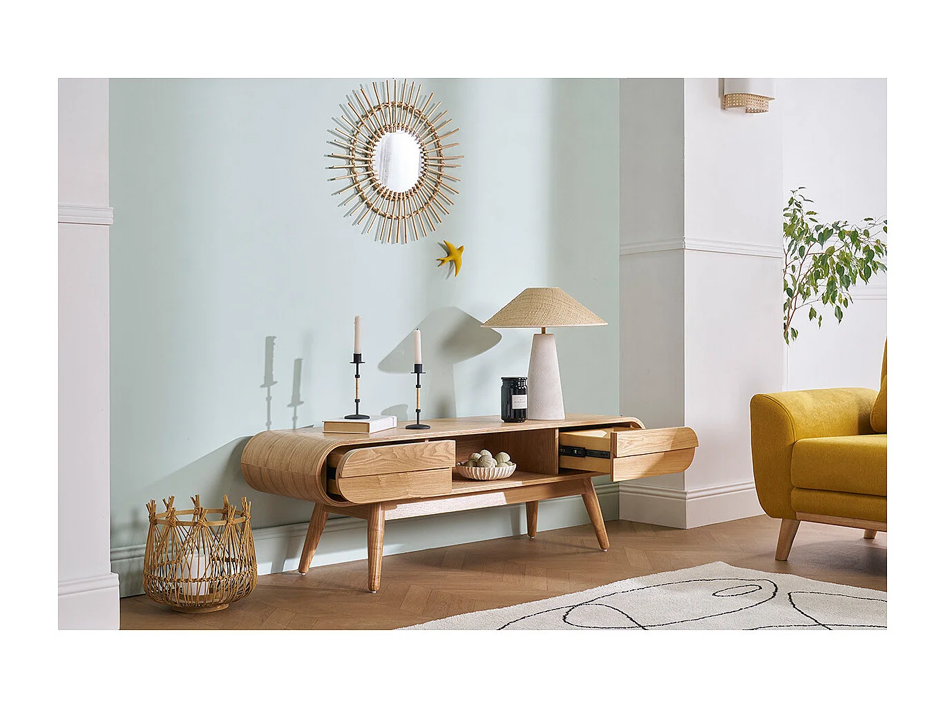 Meuble TV scandinave en bois clair 2 tiroirs L150 cm BALTIK