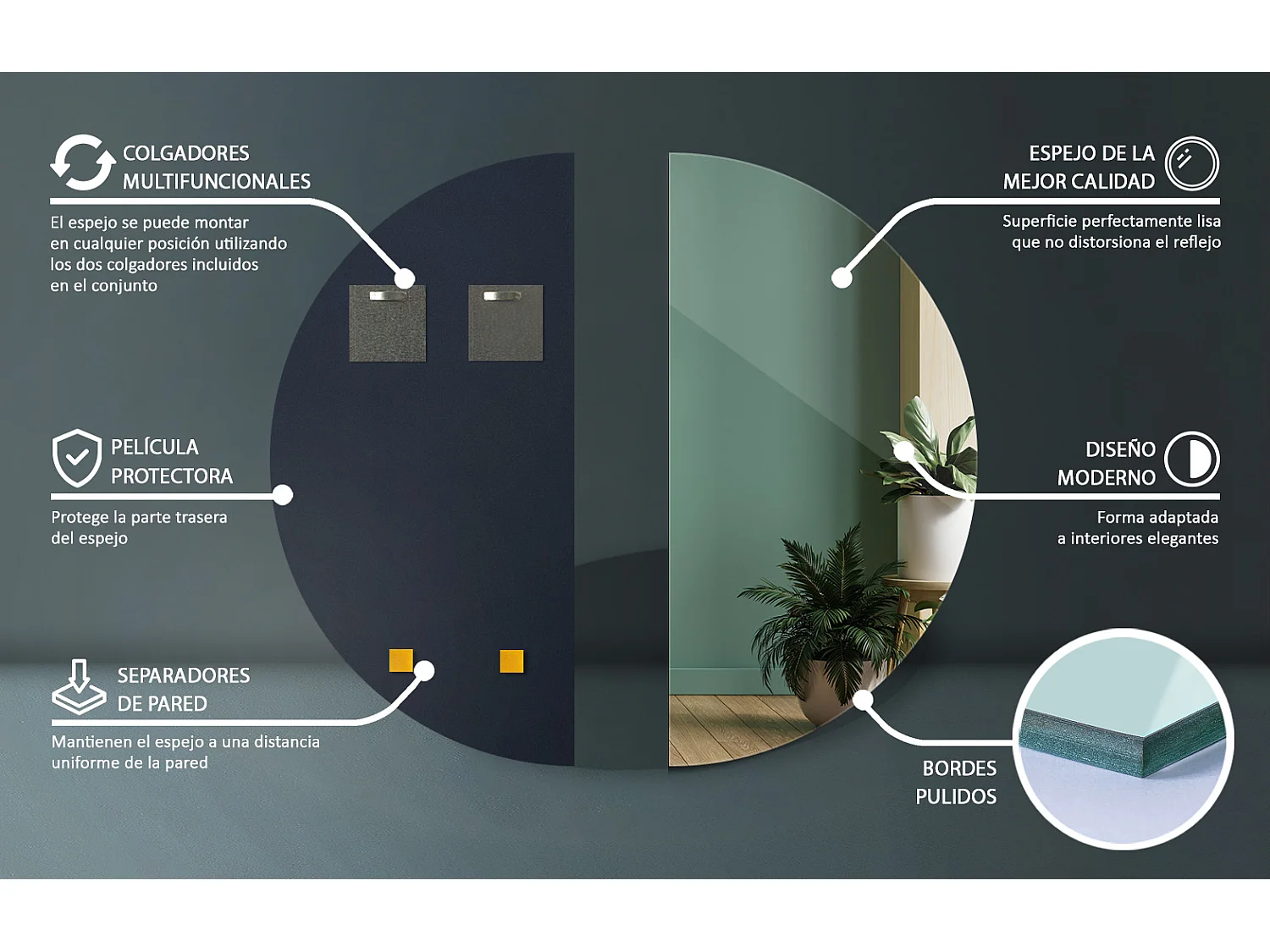 Halbrunder LED Premium Spiegel zum Aufhängen für Wohnzimmer 30cm x 60cm Kaltlicht