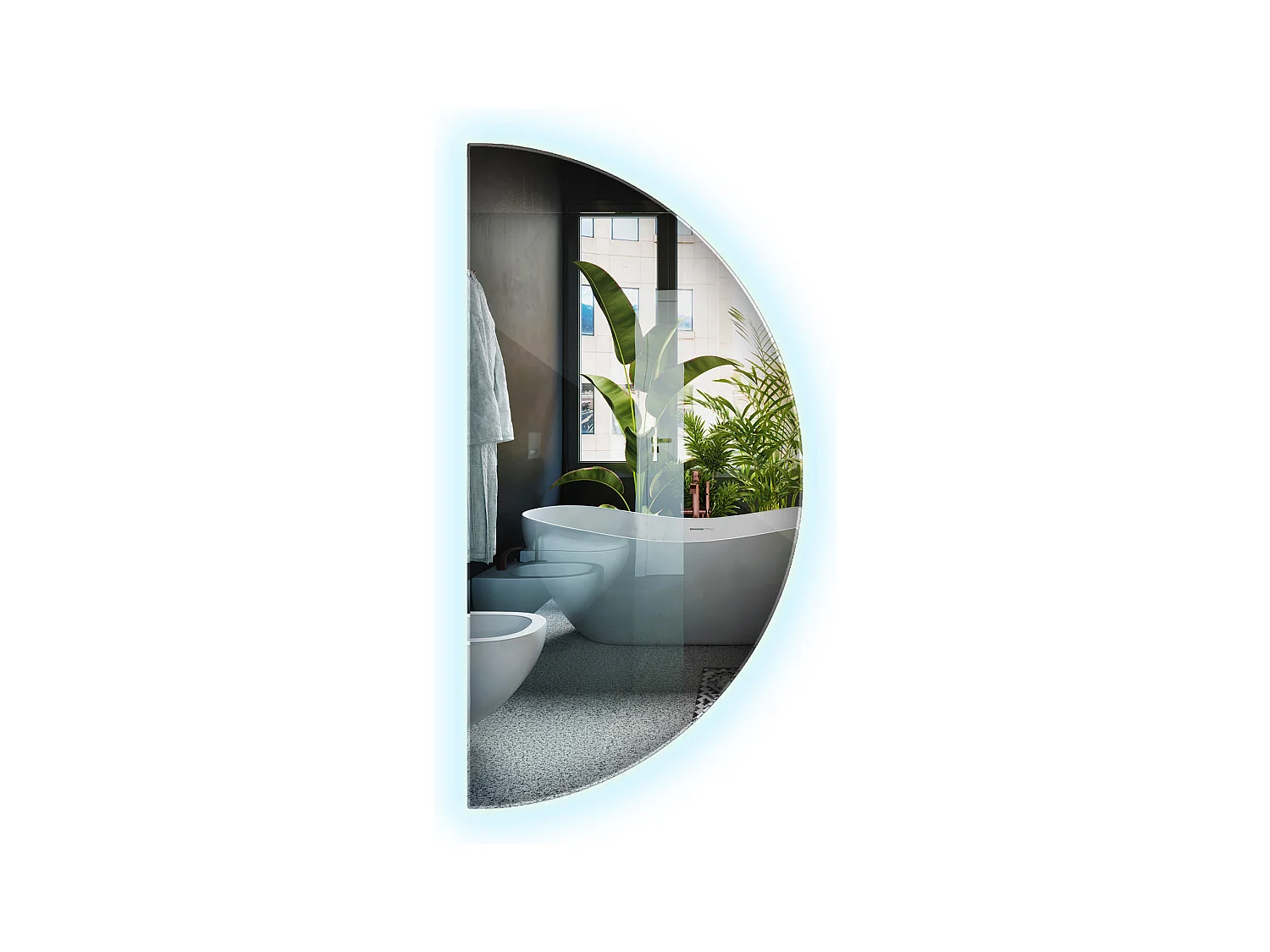 Miroir LED semi-circulaire de qualité supérieure à suspendre pour salon 30 cm x 60 cm Lumière froide