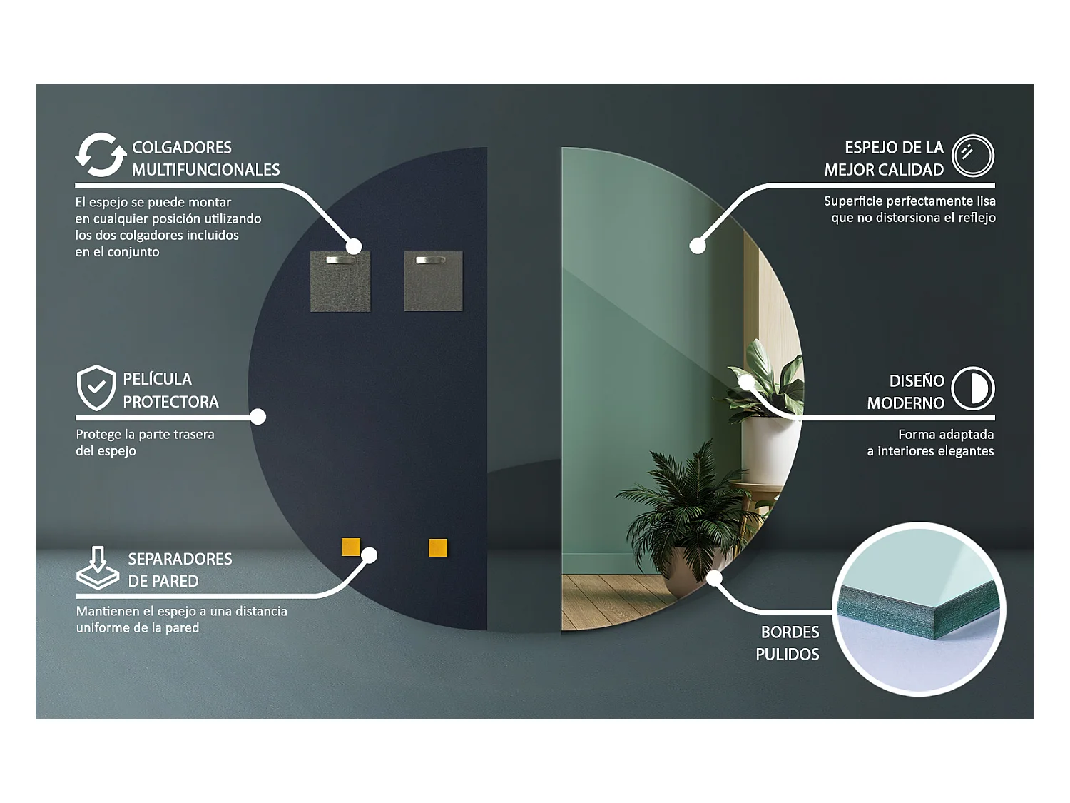 Miroir LED semi-circulaire moderne pour loft mural 45 cm x 90 cm Lumière froide