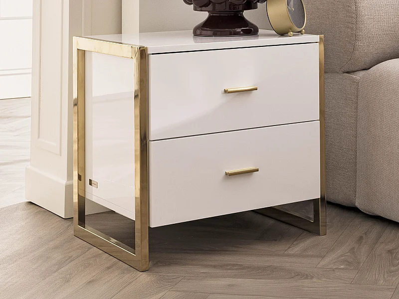 Lot de 2 tables de chevet 2 tiroirs - MDF - Blanc laqué et doré - OMBRELIA de Pascal Morabito