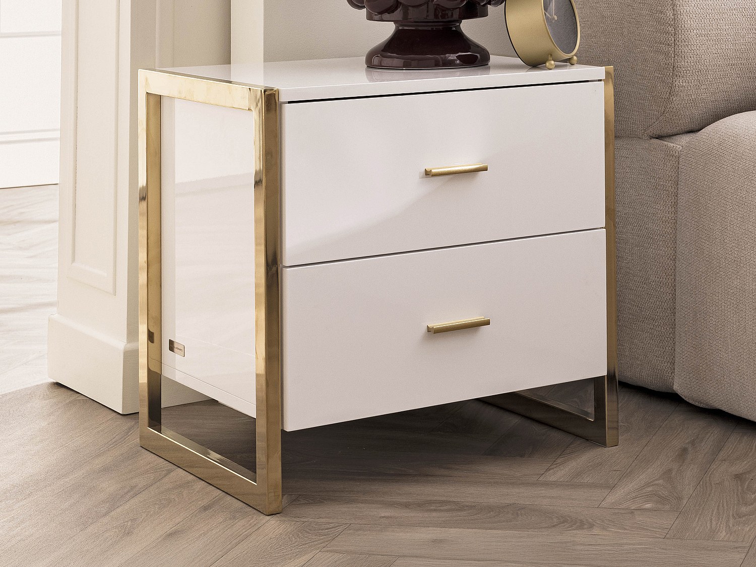 Nachttische mit 2 Schubladen 2er-Set - MDF - Weiß lackiert & Goldfarben - O günstig online kaufen