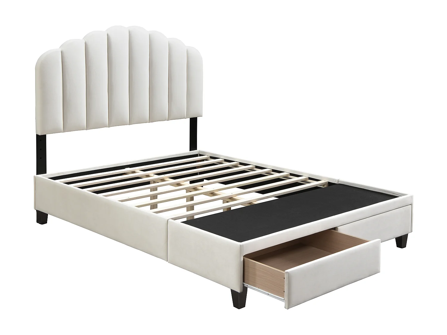 Bett mit Schubladen + Matratze - 160 x 200 cm - Samt - Elfenbeinfarben - ILISIO