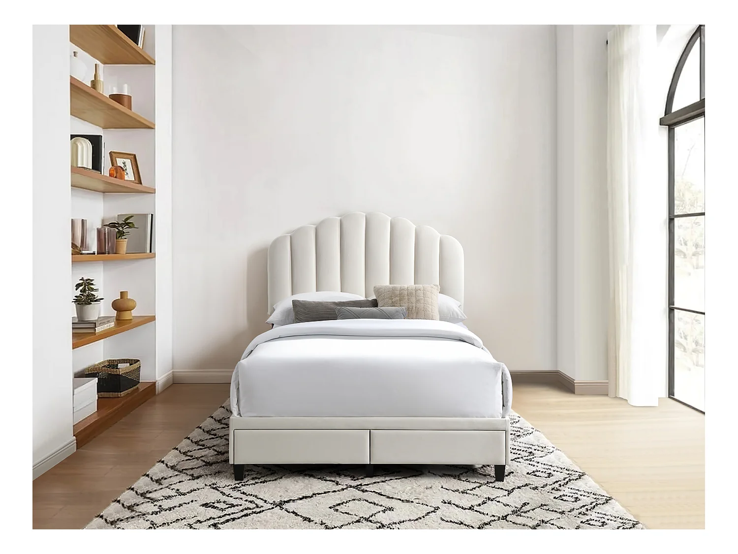 Bett mit Schubladen + Matratze - 160 x 200 cm - Samt - Elfenbeinfarben - ILISIO