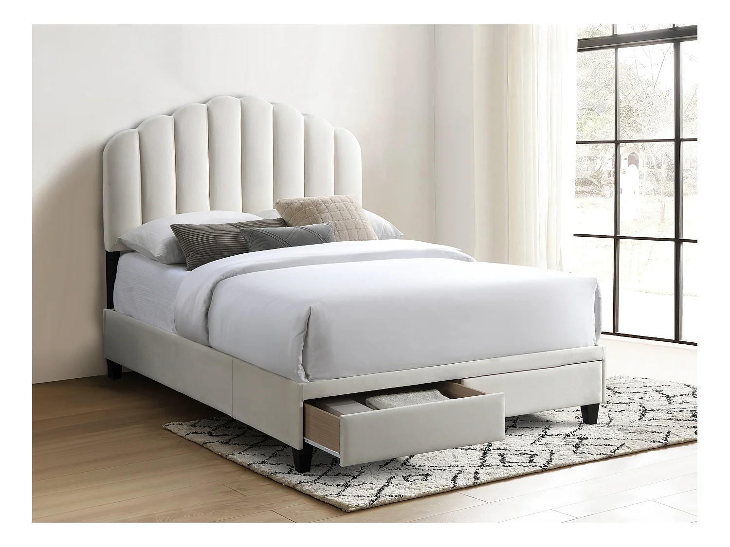 Bett mit Schubladen + Matratze - 160 x 200 cm - Samt - Elfenbeinfarben - ILISIO