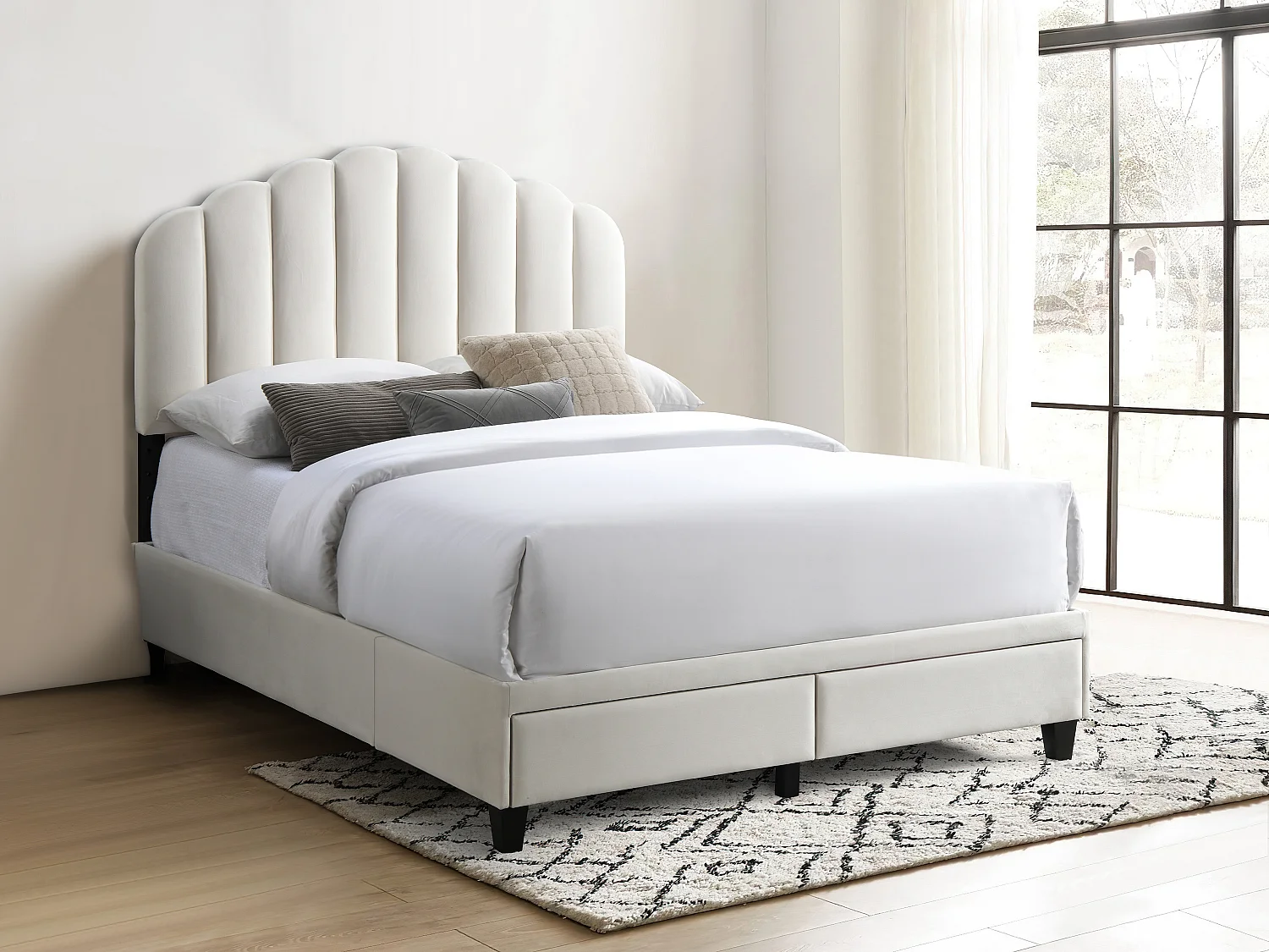 Lit 160 x 200 cm avec tiroirs - Velours - Ivoire + Matelas - ILISIO
