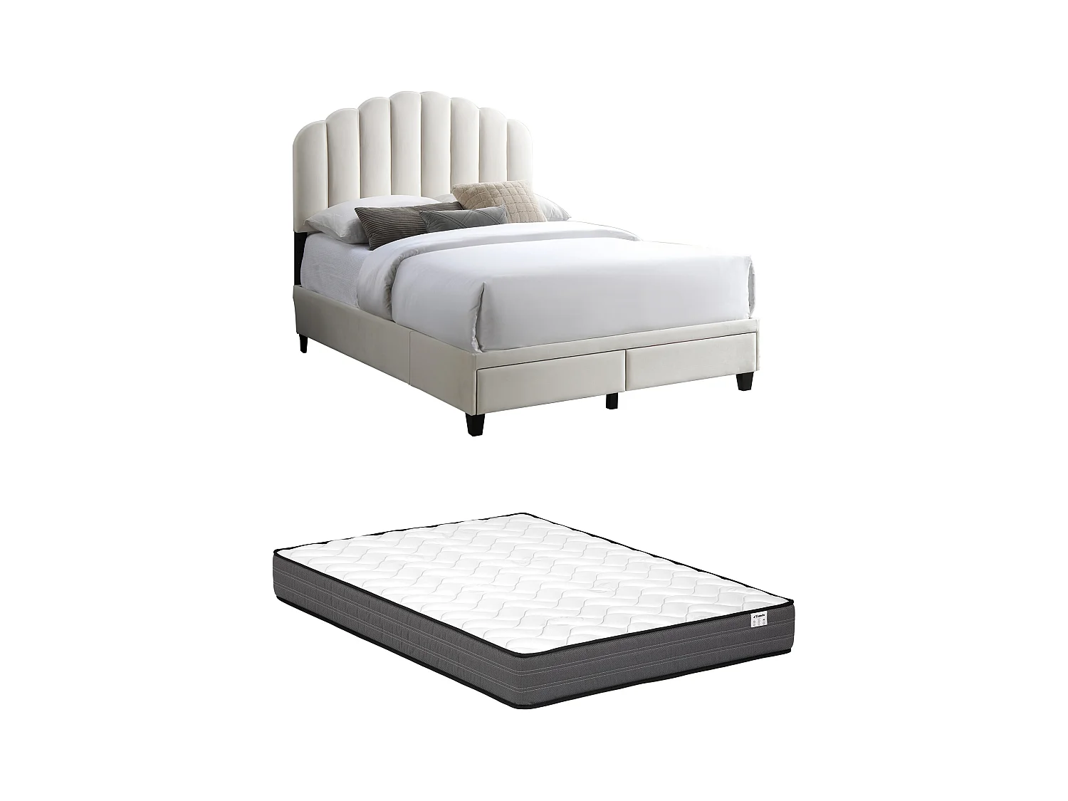 Bed 160 x 200 cm met lades - Velours - Ivoorwit + matras - ILISIO