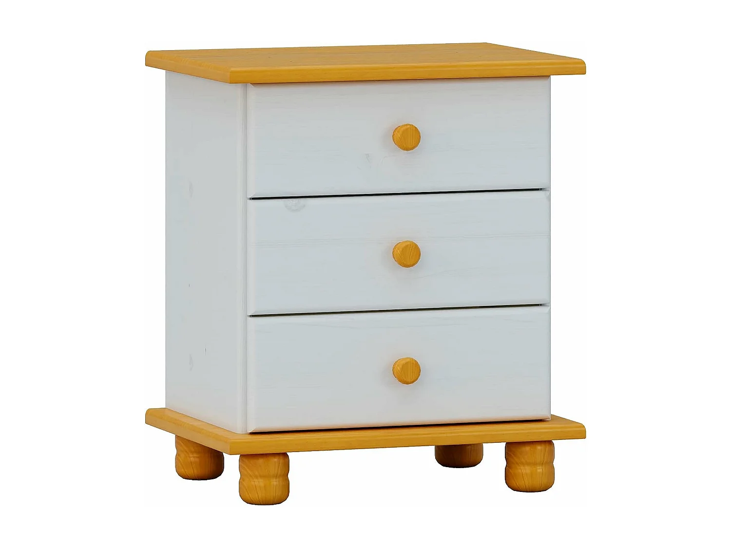 Mesita 3 cajones , pino macizo, Moblit, serie Canet, medidas: (55x48x34) cm ( altoxanchoxfondo), color blanco-miel