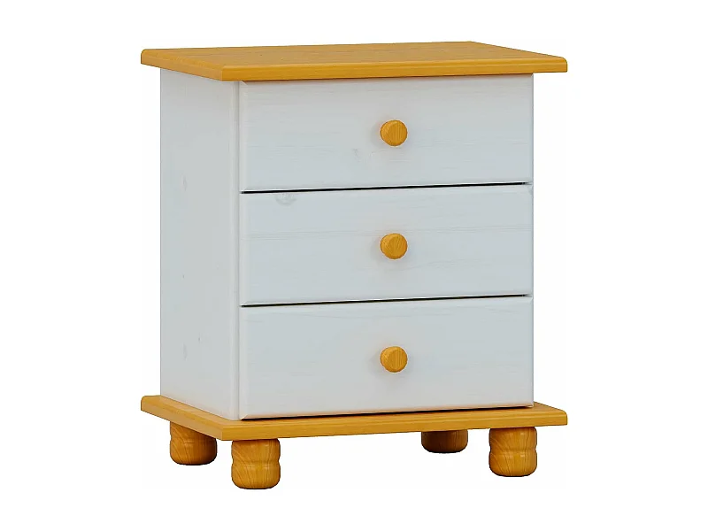 Mesita 3 cajones , pino macizo, Moblit, serie Canet, medidas: (55x48x34) cm ( altoxanchoxfondo), color blanco-miel