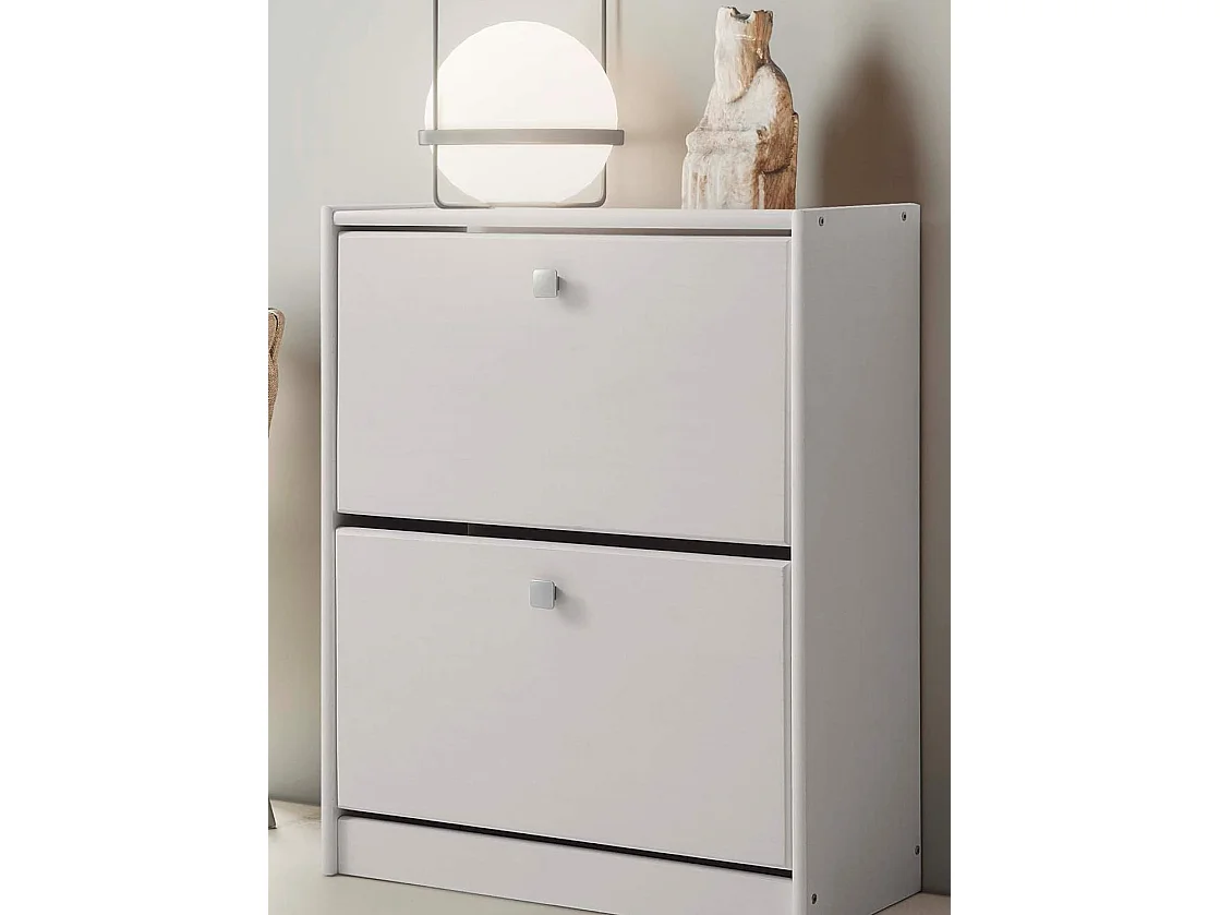 Zapatero 2 trampones , pino macizo, Moblit, serie Denia, medidas: (77x63x27) cm ( altoxanchoxfondo), color blanco lavado.