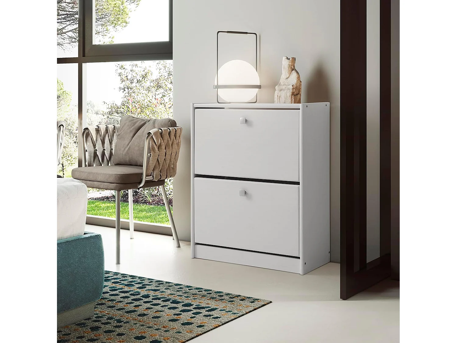 Zapatero 2 trampones , pino macizo, Moblit, serie Denia, medidas: (77x63x27) cm ( altoxanchoxfondo), color blanco lavado.