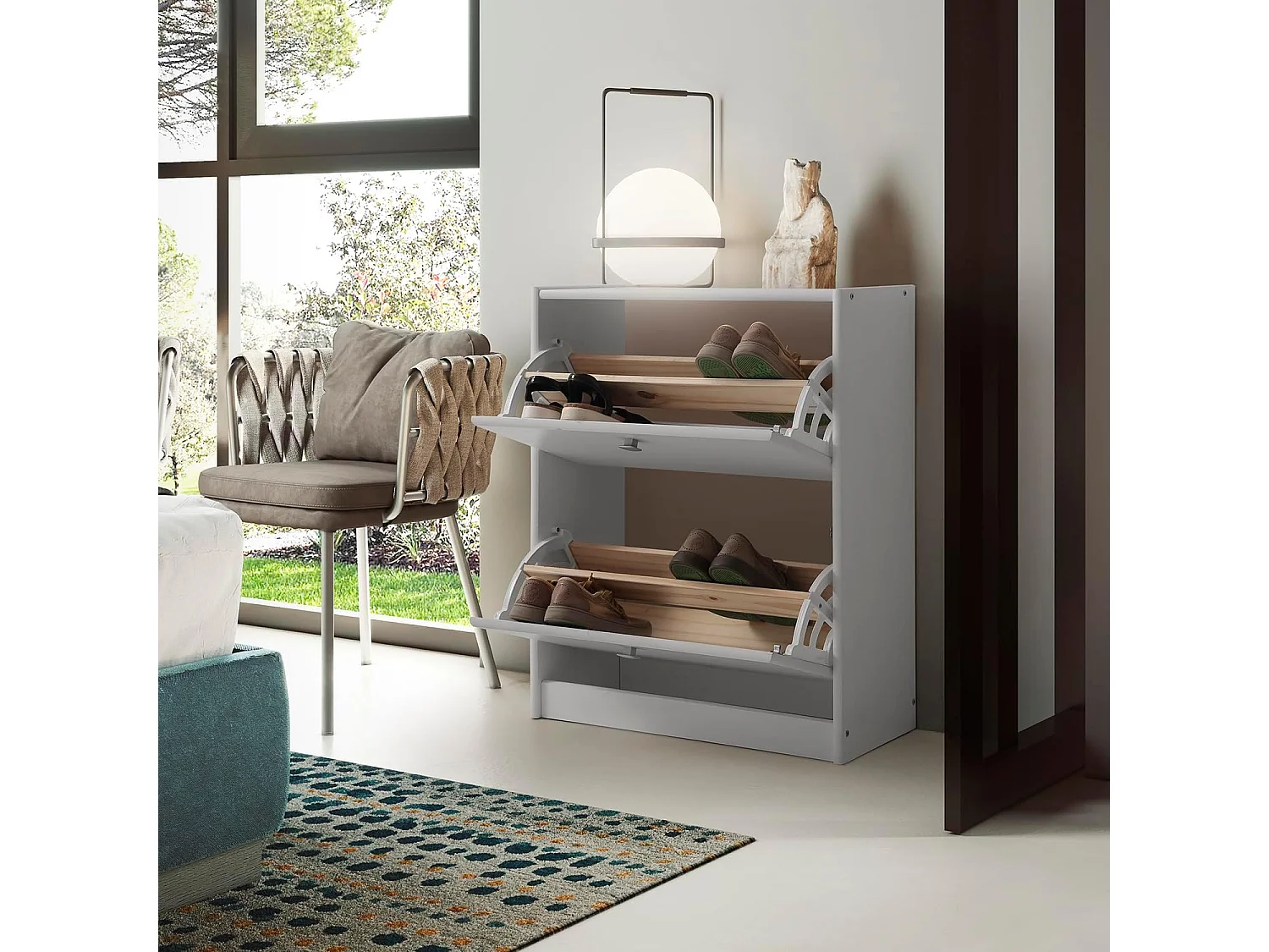 Zapatero 2 trampones , pino macizo, Moblit, serie Denia, medidas: (77x63x27) cm ( altoxanchoxfondo), color blanco lavado.