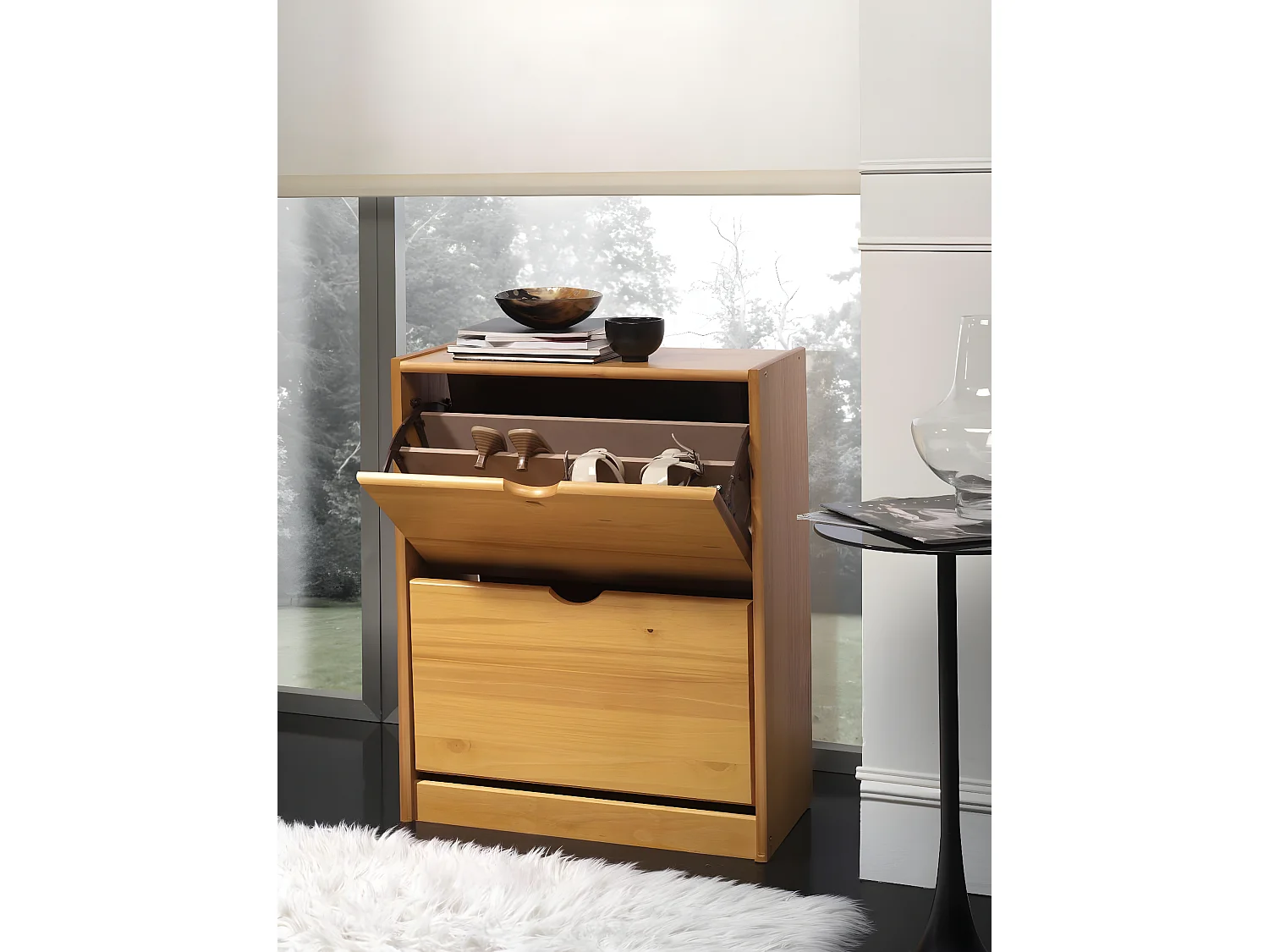 Zapatero 2 trampones , pino macizo, Moblit, serie Canet, medidas: (77x63x27) cm ( altoxanchoxfondo), color miel