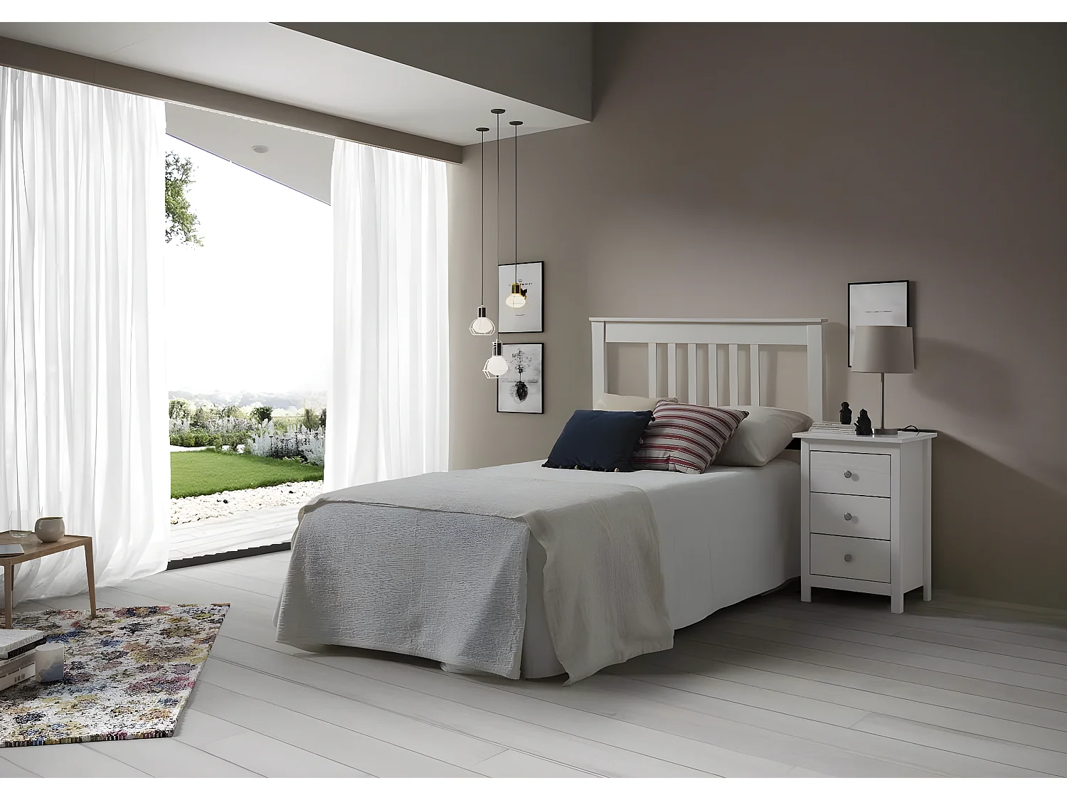 cabecero para somier de 135 cm , pino macizo, Moblit, serie Alme blanco, medidas: (100x147x2) cm ( altoxanchoxfondo), color blanco lavado.