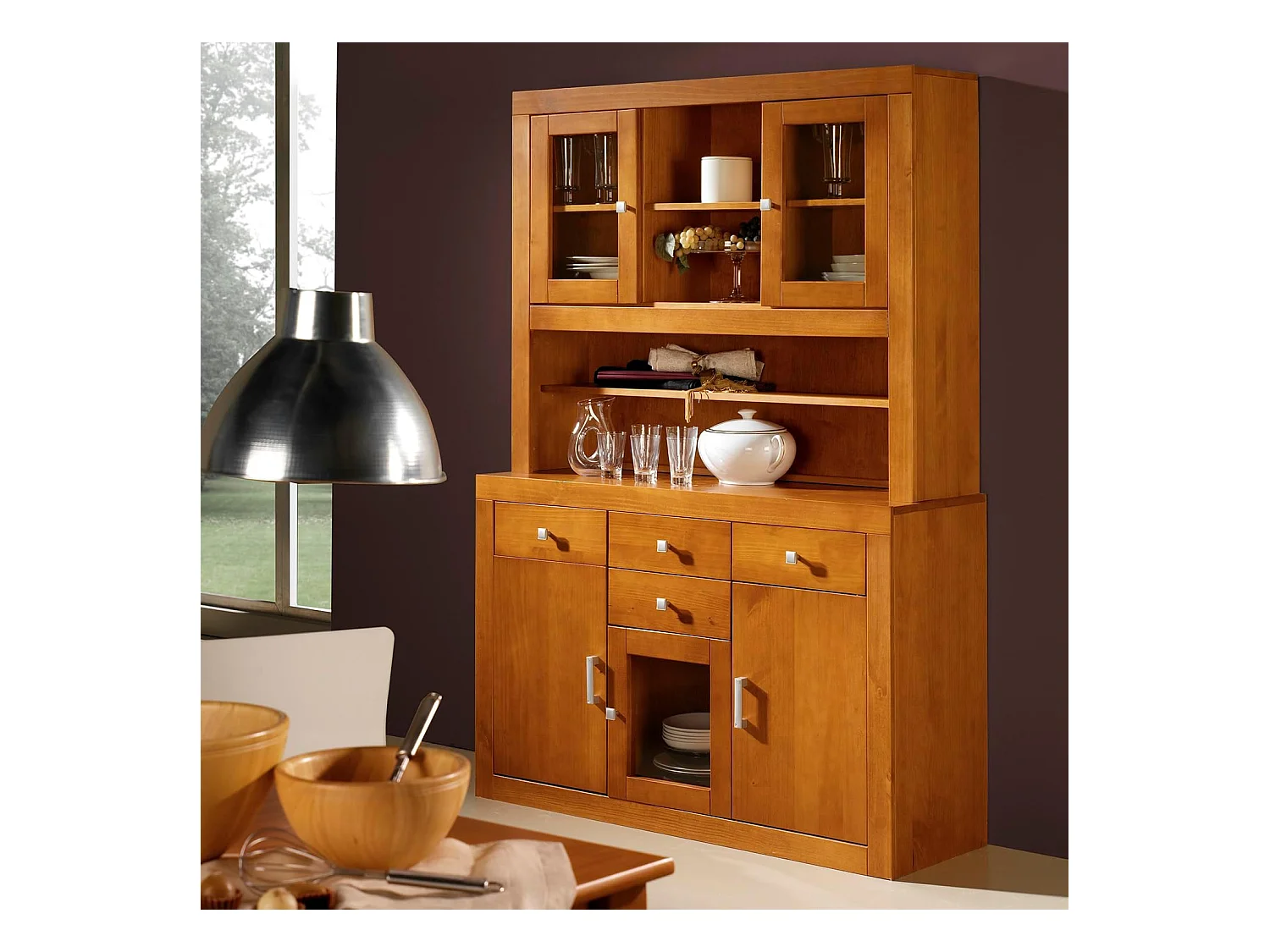 Alacena 5 puertas y 4 cajones , pino macizo, Moblit, serie Kalpe, medidas: (187x130x42) cm ( altoxanchoxfondo), color cerezo