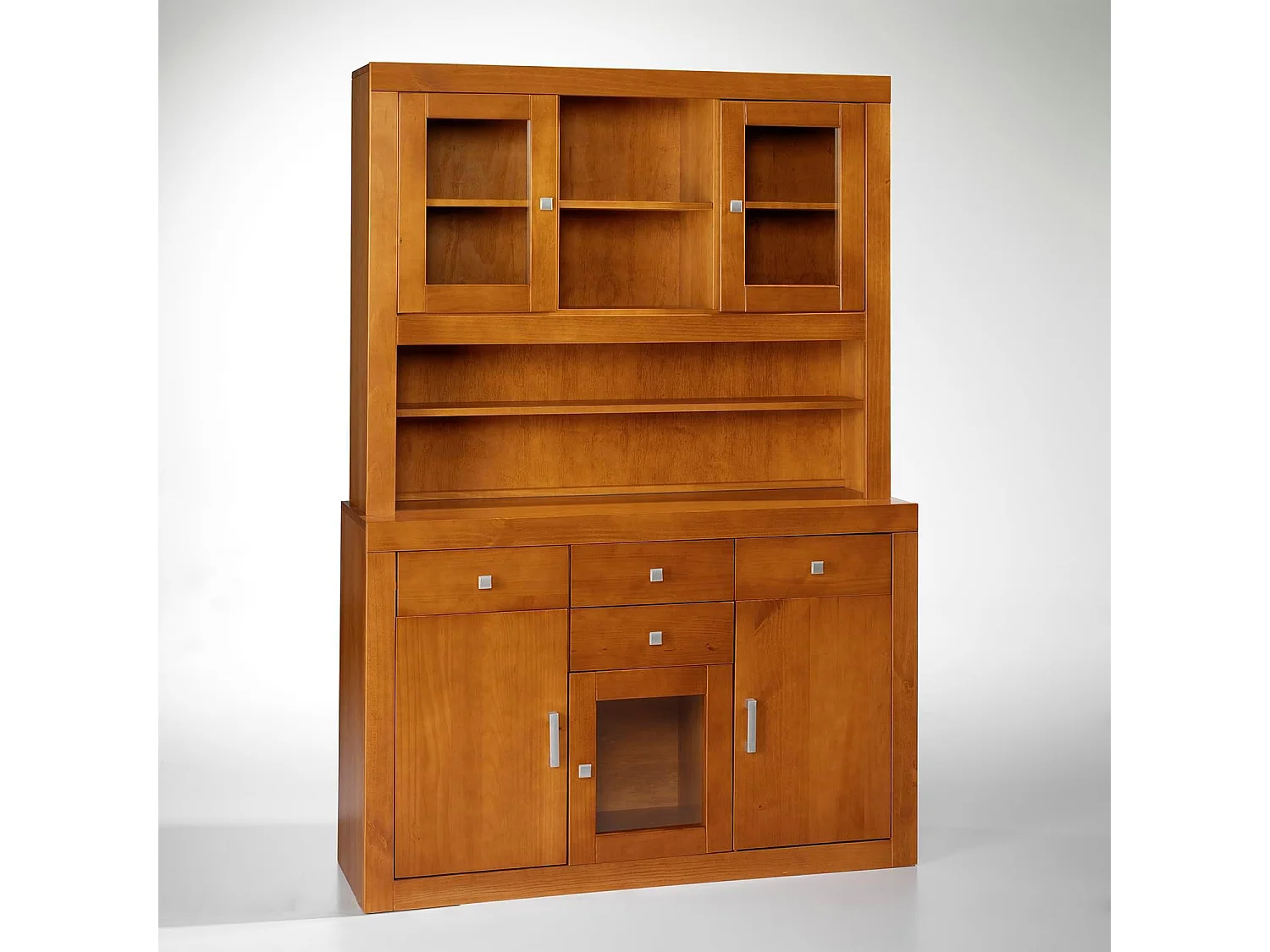 Alacena 5 puertas y 4 cajones , pino macizo, Moblit, serie Kalpe, medidas: (187x130x42) cm ( altoxanchoxfondo), color cerezo