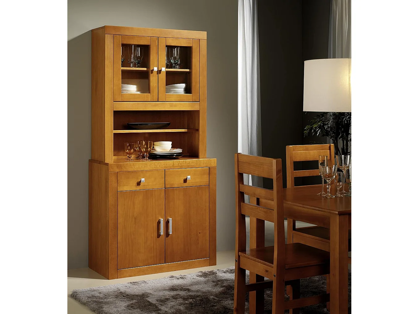 Alacena 4 puertas y 2 cajones , pino macizo, Moblit, serie Kalpe, medidas: (187x91x42) cm ( altoxanchoxfondo), color cerezo