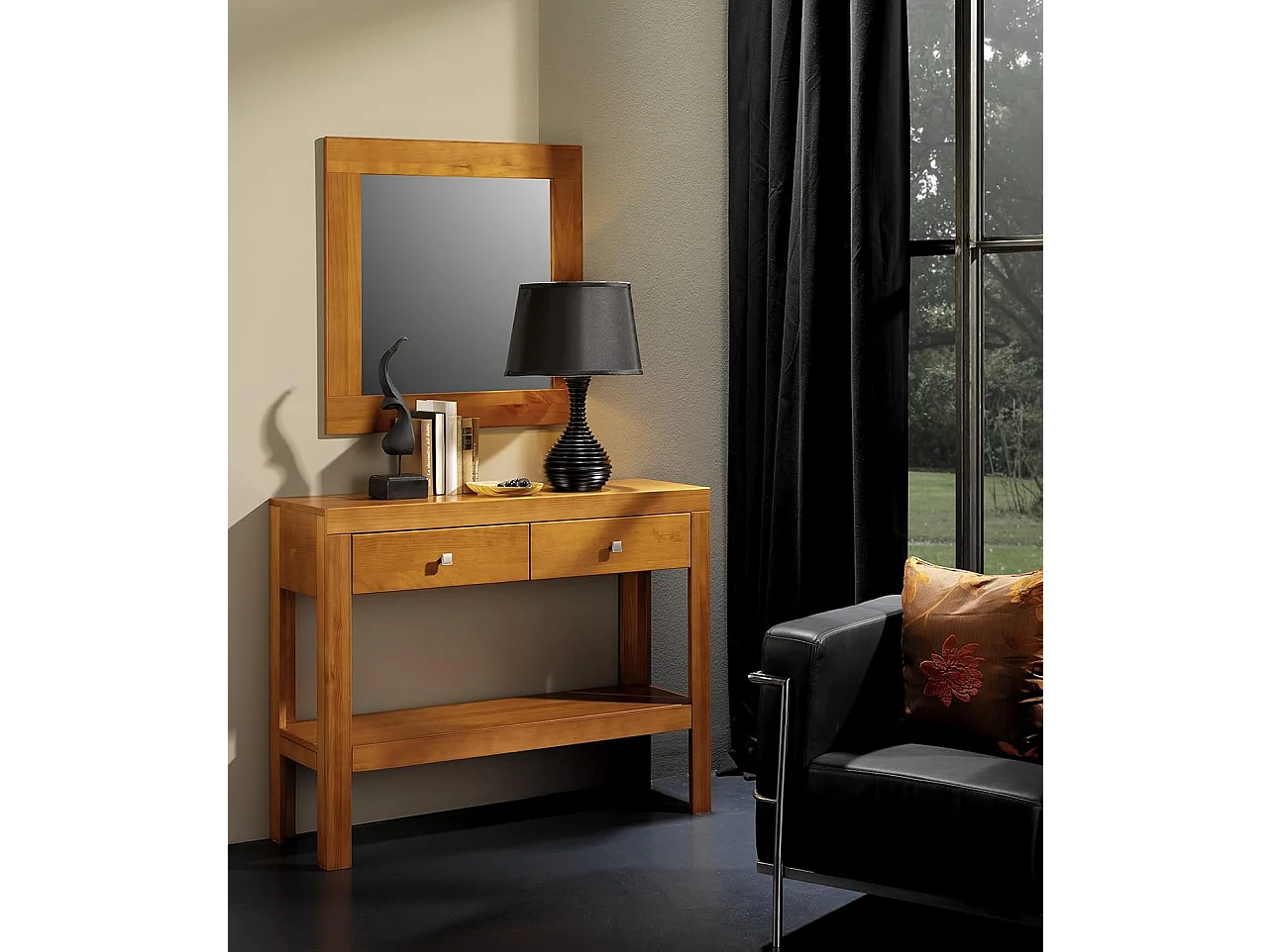 Consola 2 cajones, Moblit, color Cerezo, Relaizada en madera de Pino macizo .Medidas 85x105x35 cm (altoxanchoxfondo), Serie Kalpe cerezo.