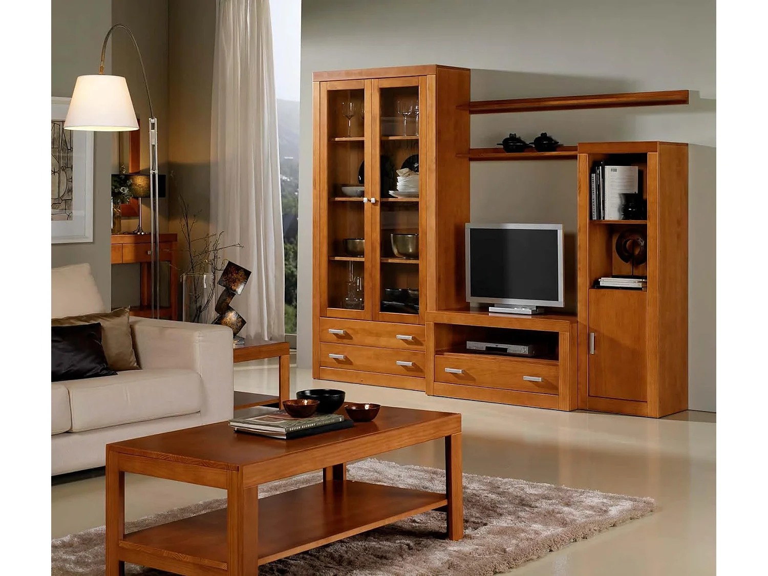 Mesa para televisión, pino macizo, Moblit, serie Kalpe, medidas: (50x100x50) cm ( altoxanchoxfondo), color cerezo.