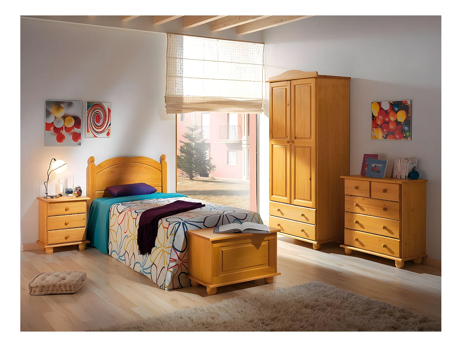 cómoda 5 cajones , pino macizo, Moblit, serie Canet, medidas: (81x78x39) cm ( altoxanchoxfondo), color miel