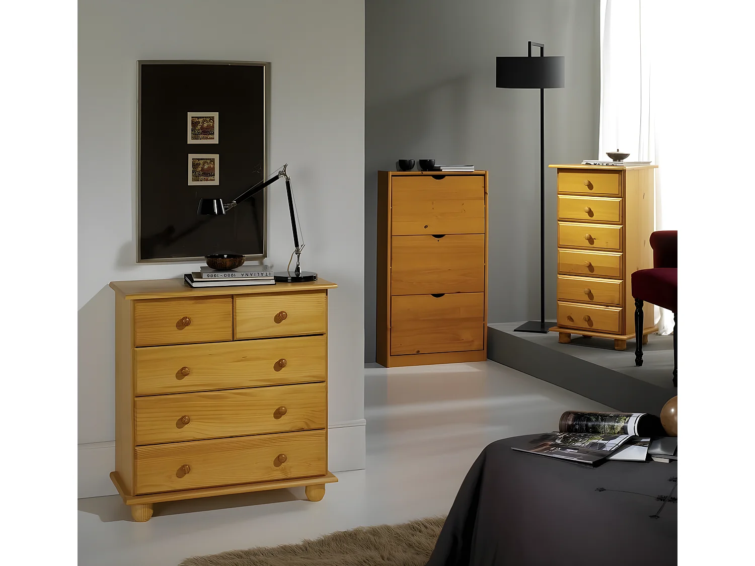 cómoda 5 cajones , pino macizo, Moblit, serie Canet, medidas: (81x78x39) cm ( altoxanchoxfondo), color miel