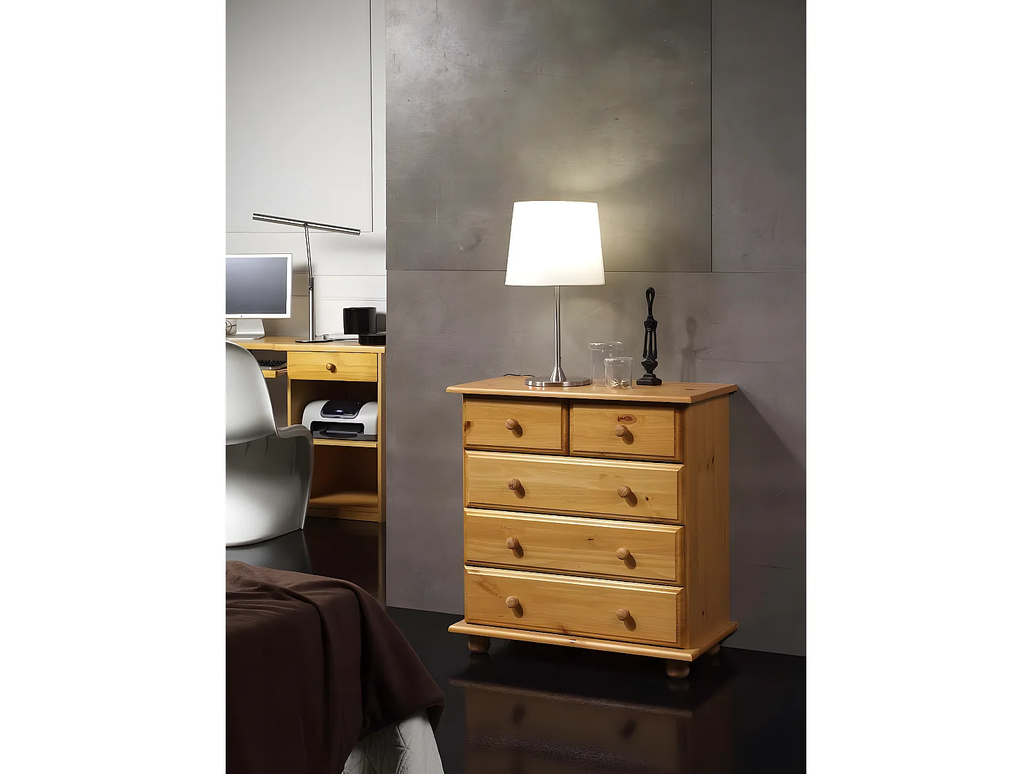 cómoda 5 cajones , pino macizo, Moblit, serie Canet, medidas: (81x78x39) cm ( altoxanchoxfondo), color miel