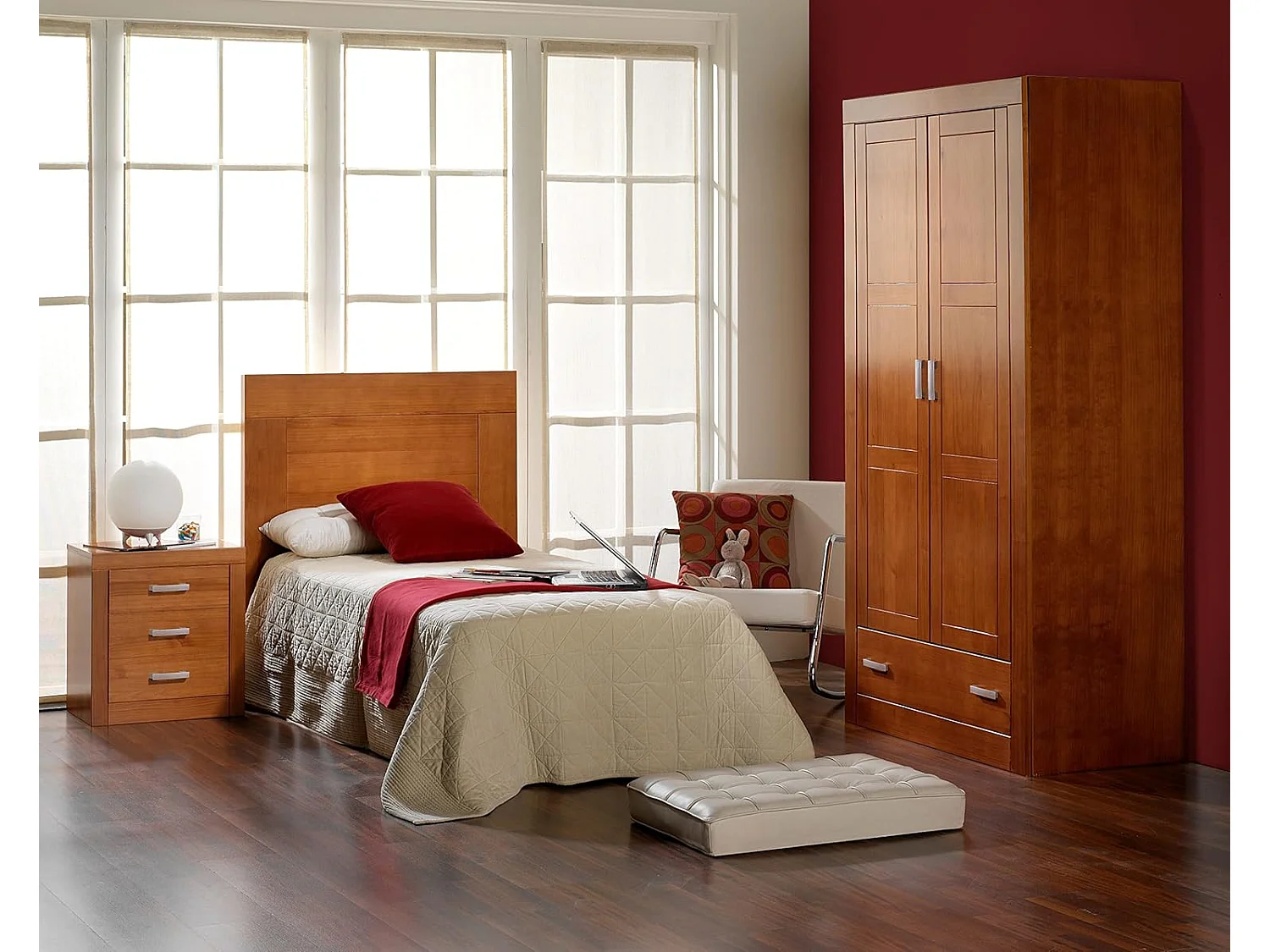 Armario 2 puertas y 1 cajón, pino macizo, Moblit, serie Kalpe, medidas: (200x105x55) cm ( altoxanchoxfondo), color cerezo