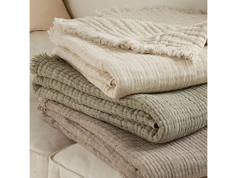 Plaid 125x180 cm ESTRELA gaze de coton et laine beige naturel