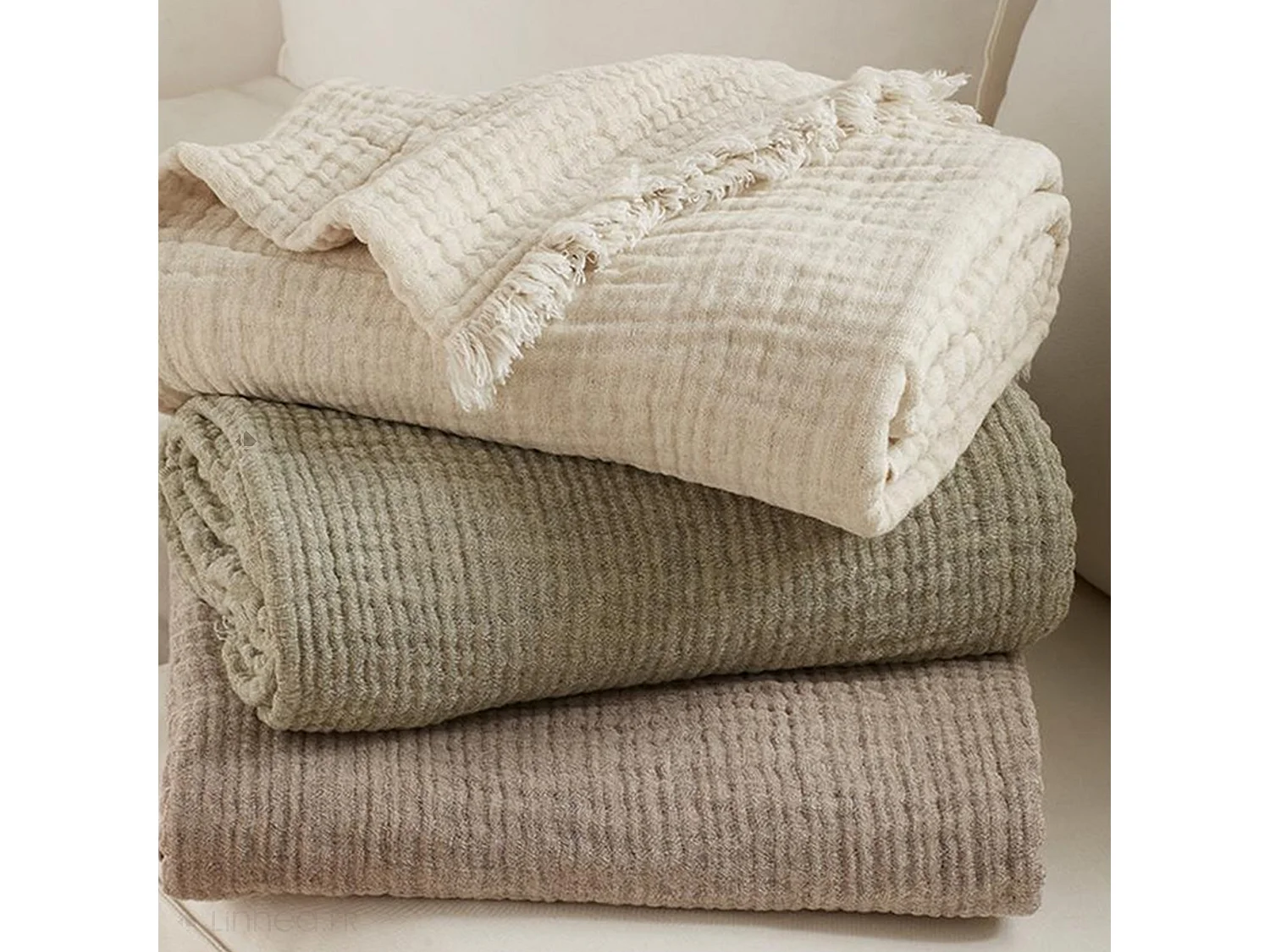 Plaid 125x180 cm ESTRELA gaze de coton et laine beige naturel