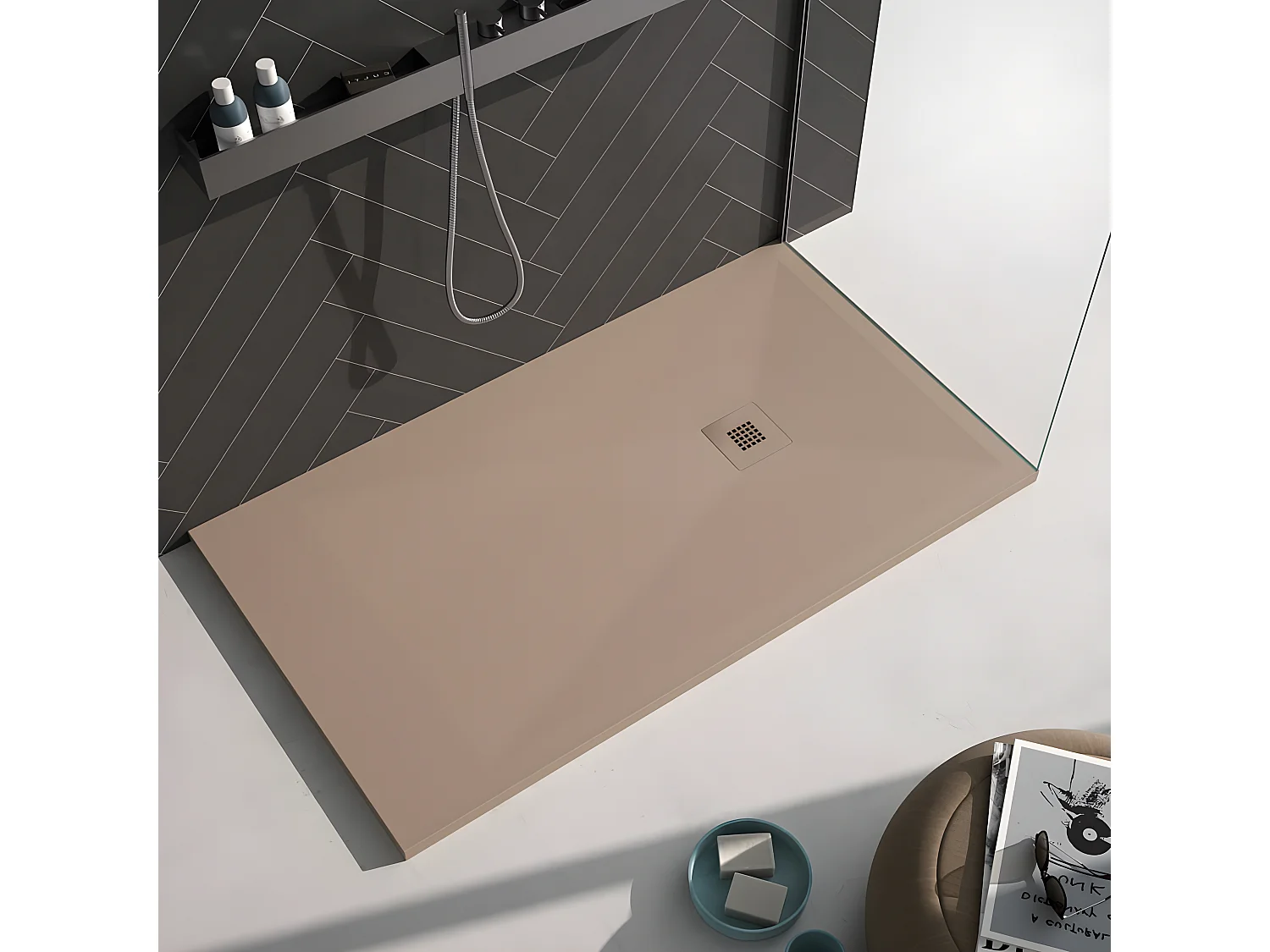 Receveur de douche moka lisse Stone Plus, grille de couleur - 160 x 70 cm