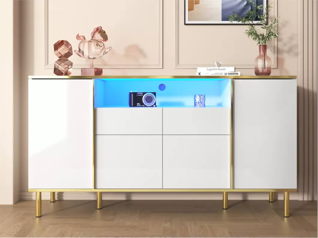 Kauf Unique Sideboard mit LED – 4 Türen, 2 Schubladen – glänzende Oberfläche – moderner Stil – Weiß