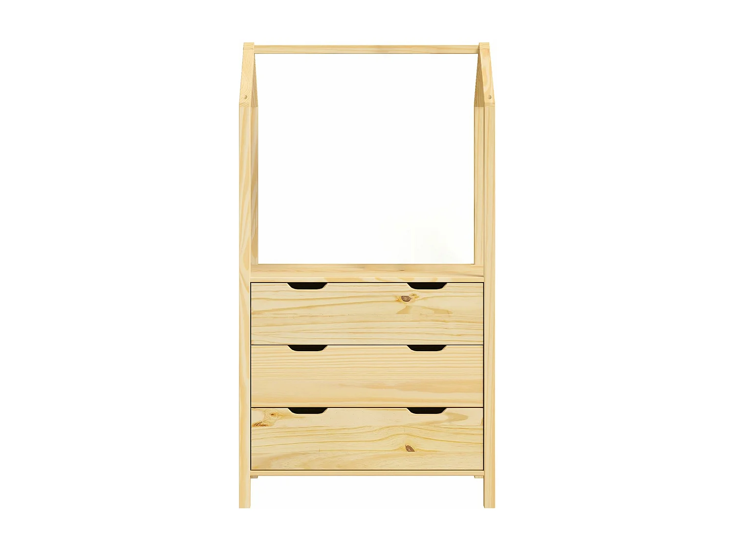 Commode AMIRA meuble de rangment pour enfant en forme de maison, avec 3 tiroirs et 1 tringle, en pin massif naturel
