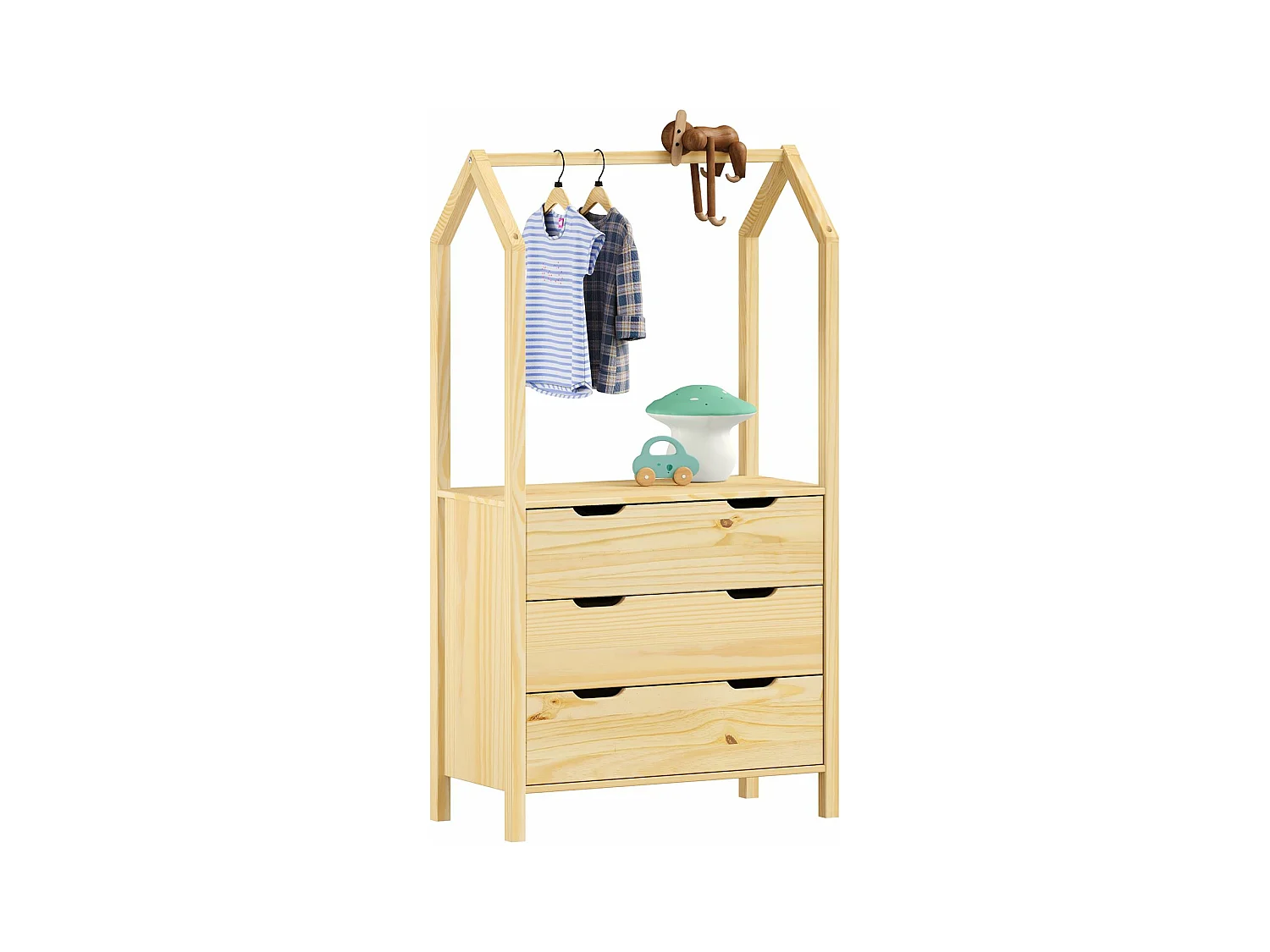 Commode AMIRA meuble de rangment pour enfant en forme de maison, avec 3 tiroirs et 1 tringle, en pin massif naturel