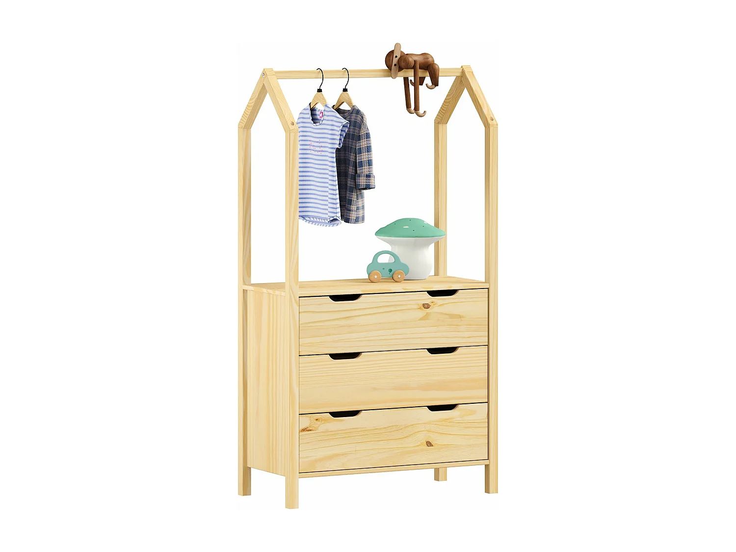 Commode AMIRA meuble de rangment pour enfant en forme de maison, avec 3 tiroirs et 1 tringle, en pin massif naturel